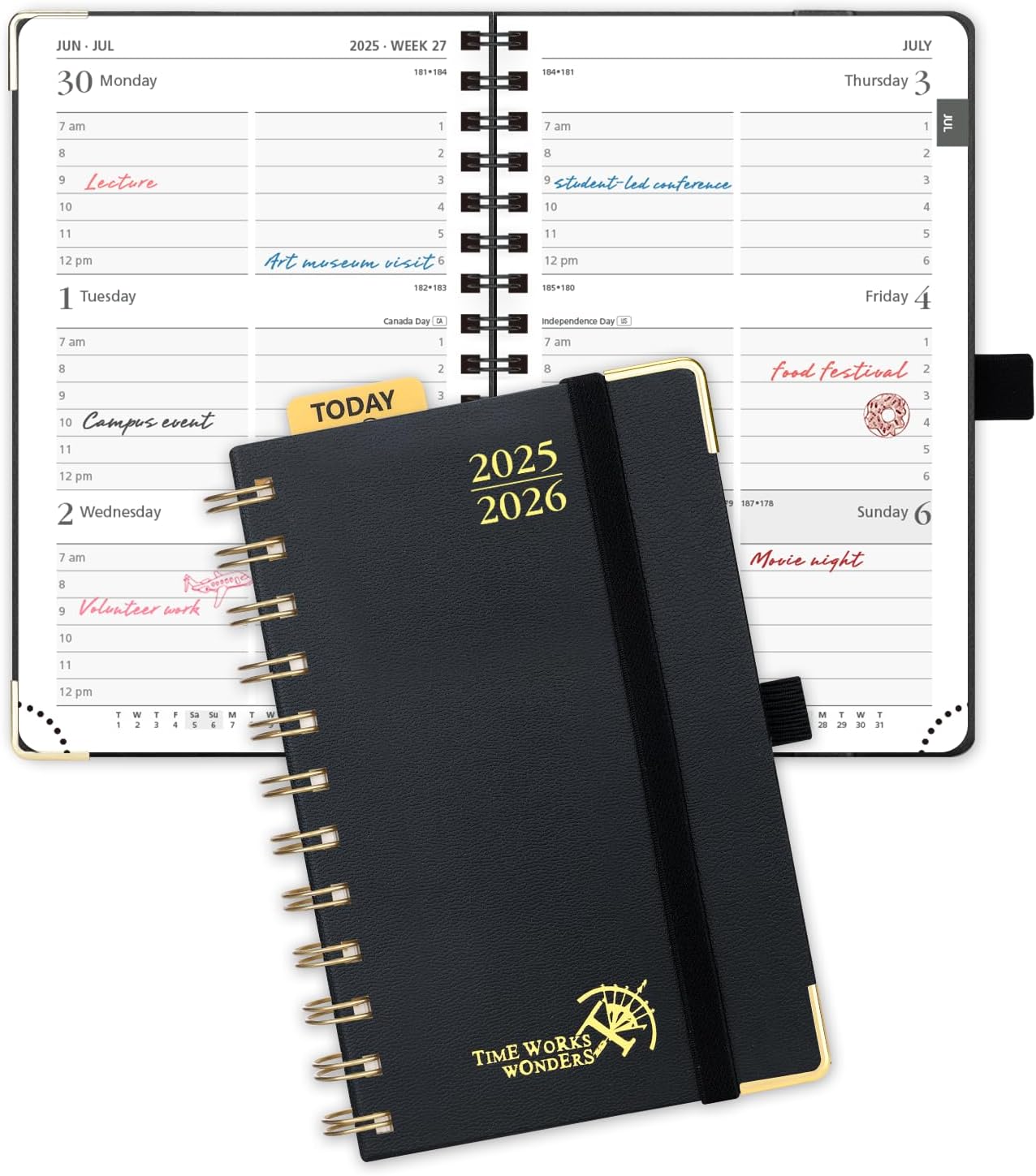 POPRUN Pocket Planner 2025-2026 (Spiral Hardcover - 4''x 6.25''), Daily Weekly and Monthly (July 2025 - June 2026) with Hourly Time Slots, for Purse, 100 GSM - Black