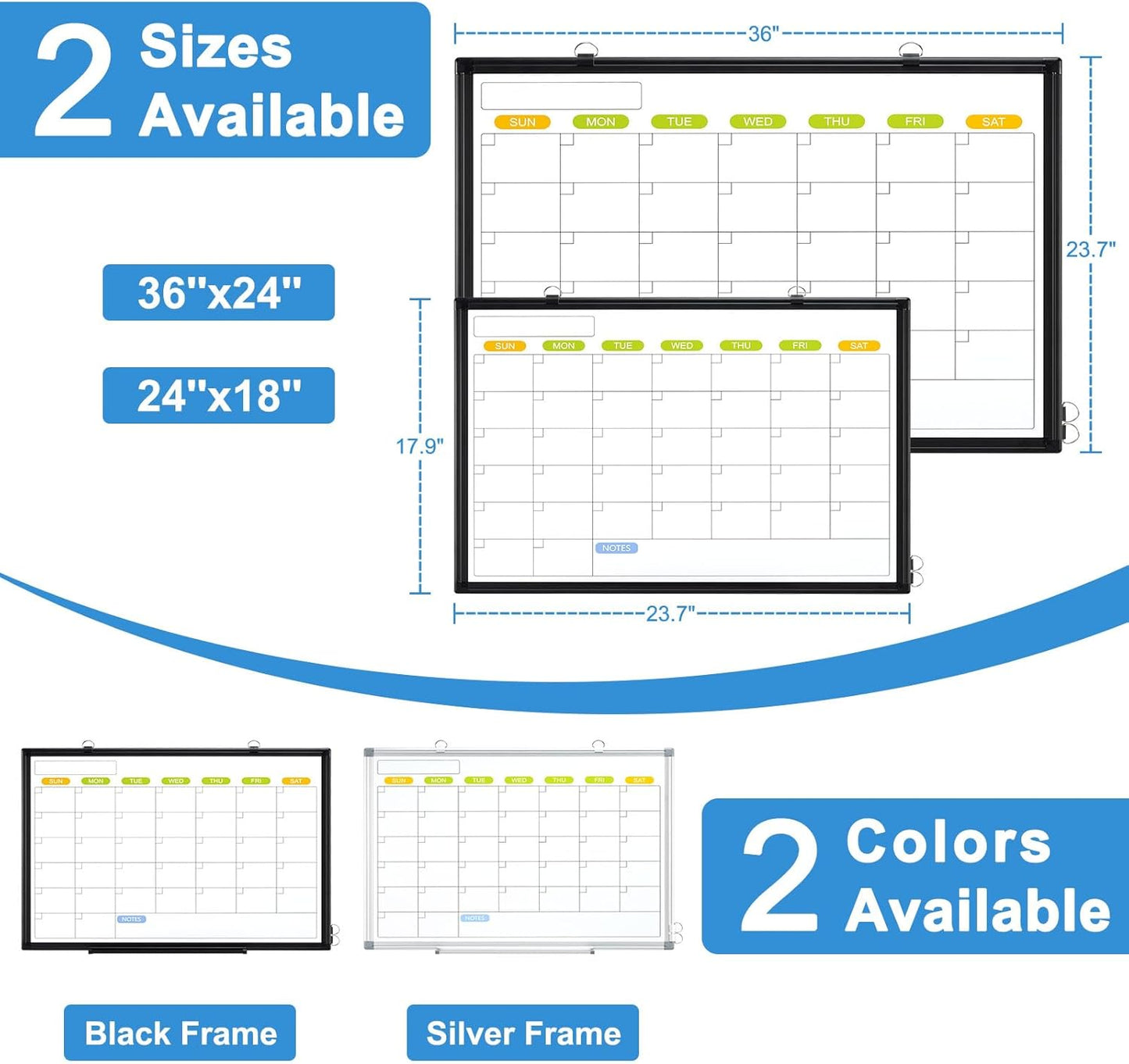 Dry Erase Calendar Whiteboard for Wall, WALGLASS 36" x 24" Magnetic White Board, Monthly Dry Erase Calendar with Silver Aluminum Frame, Double-Sided Hanging Portable Board for Office, Home, School