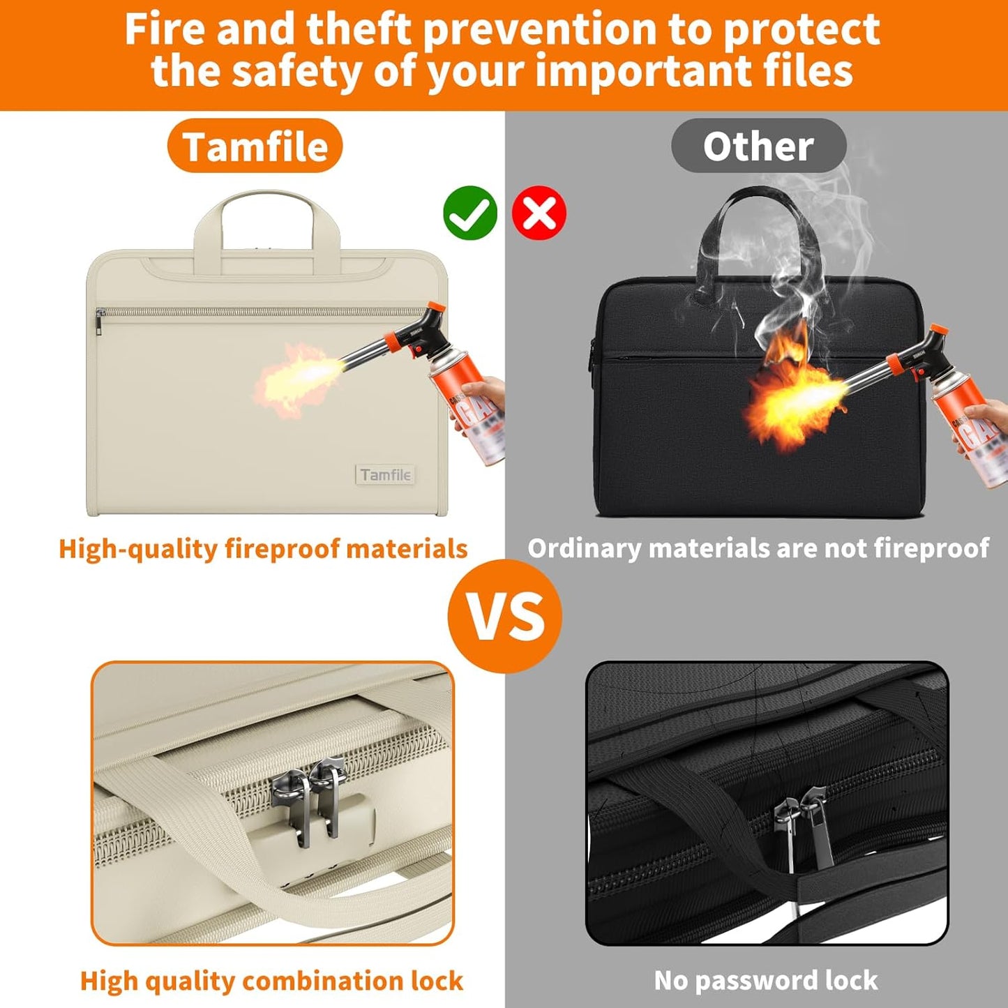 5200℉ Fireproof Accordion File Organizer with Lock, Thickened Document Organizer 13 Pocket with Zipper & Labels, Important Document Organizer, Expanding File Folder with Handle for Letter A4 (Beige)