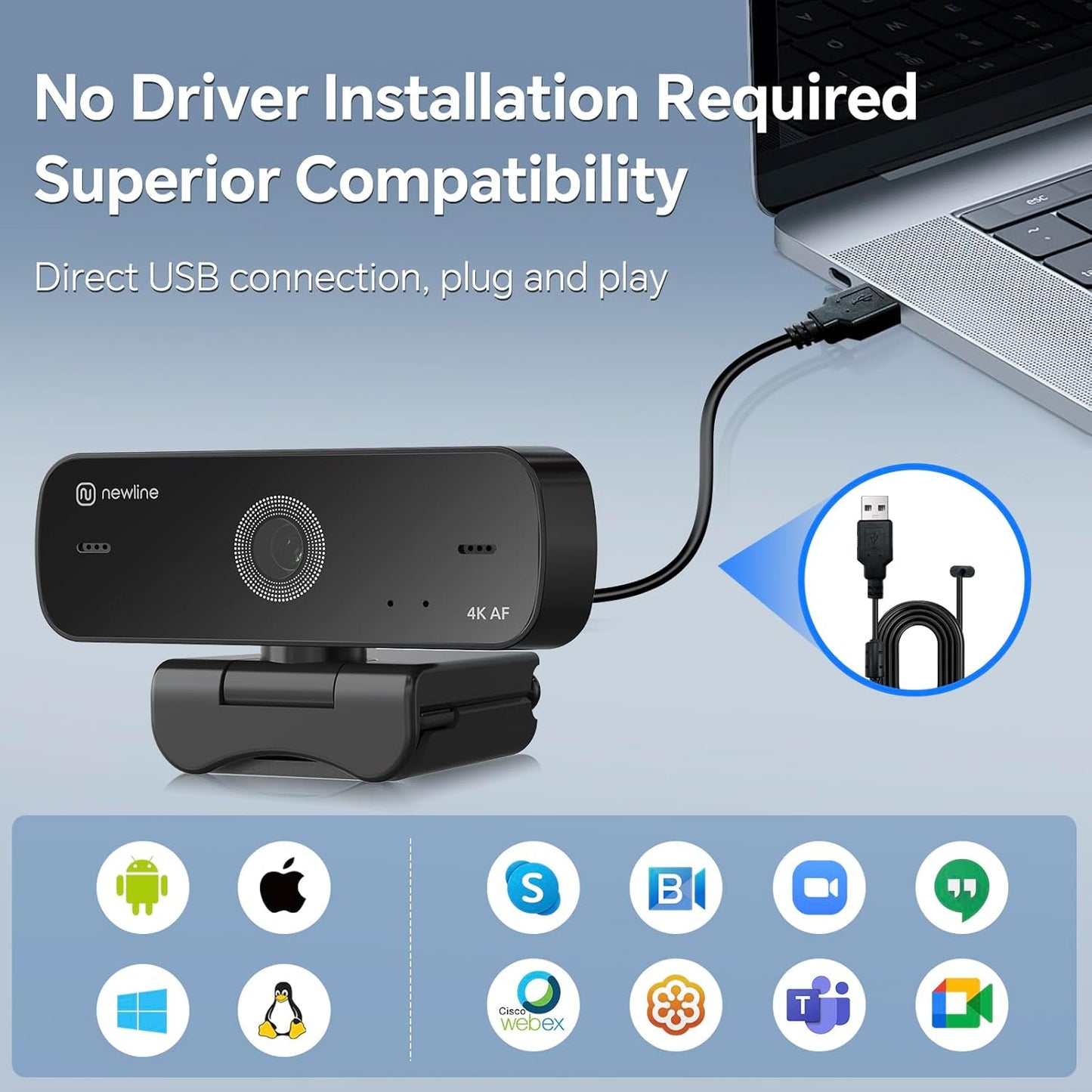 N newline 4K Webcam for PC, 4K UHD USB Webcam with Microphone, Auto Focus, Low Distortion, Privacy Cover, PC Camera w/Tripod Stand for Zoom, Skype, Teams, Laptop, Conferencing, Calling, NewEye 60