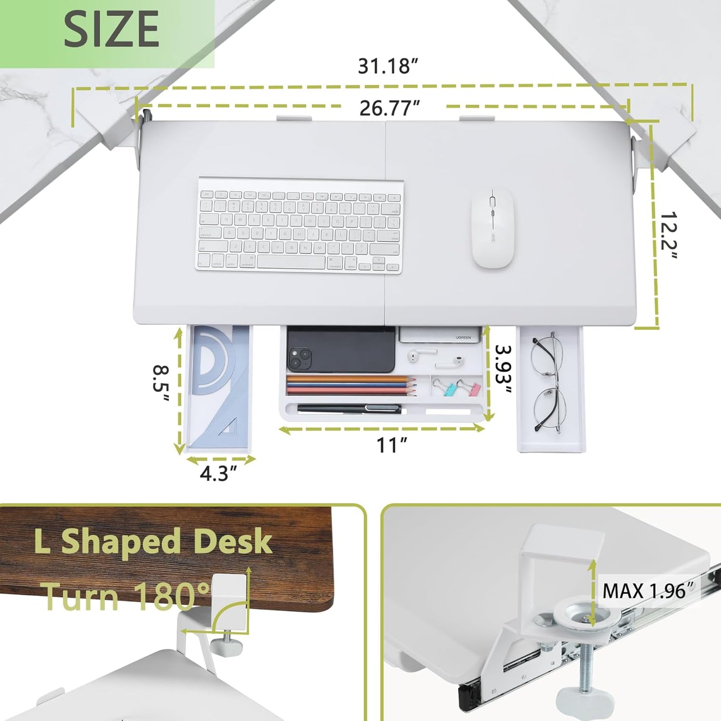 ETHU Keyboard Tray Under Desk, Ergonomic Corner Keyboard Tray with 180° Adjustable C Clamp for L Shape Desk 26.77" X 12.2" Easy to Install, Computer Keyboard Stand for Home and Office (White)