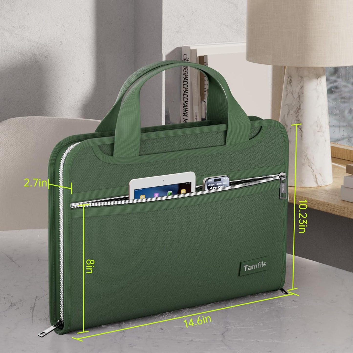 Fireproof Accordion File Organizer with Handle, 13 Pocket Expanding File Folder with Zipper & Labels, File Folder with 3 Ring Binder, Multi Pockets Paper Organizer Folder for Letter A4 Files (Green)