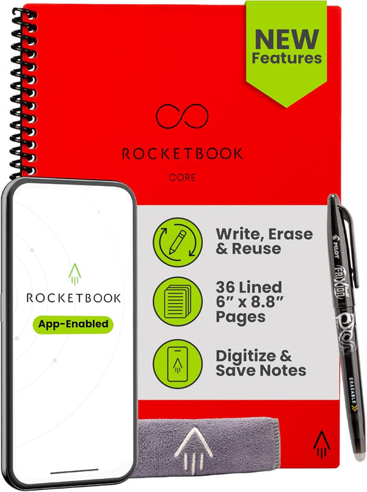 Rocketbook New Core Reusable Spiral Notebook, Executive Size 6x8.8, Red - Lined Pages, App-Connected, Erasable, Durable Cover, Ideal for School, Work, and Creative Projects