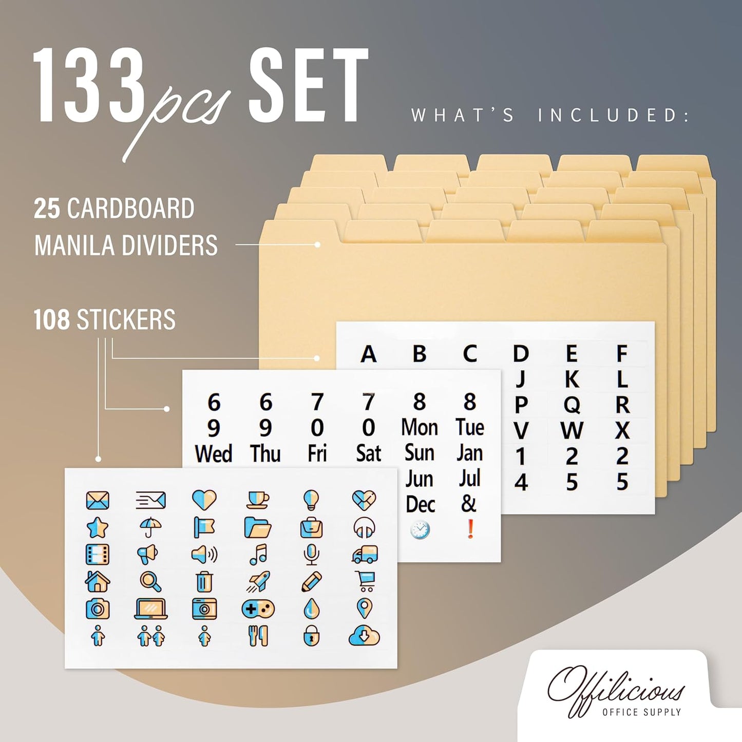 25 Manila Index Card Box Dividers with Tabs & 108 Stickers, Alphabetical File Dividers for 5x8 Index Card Box