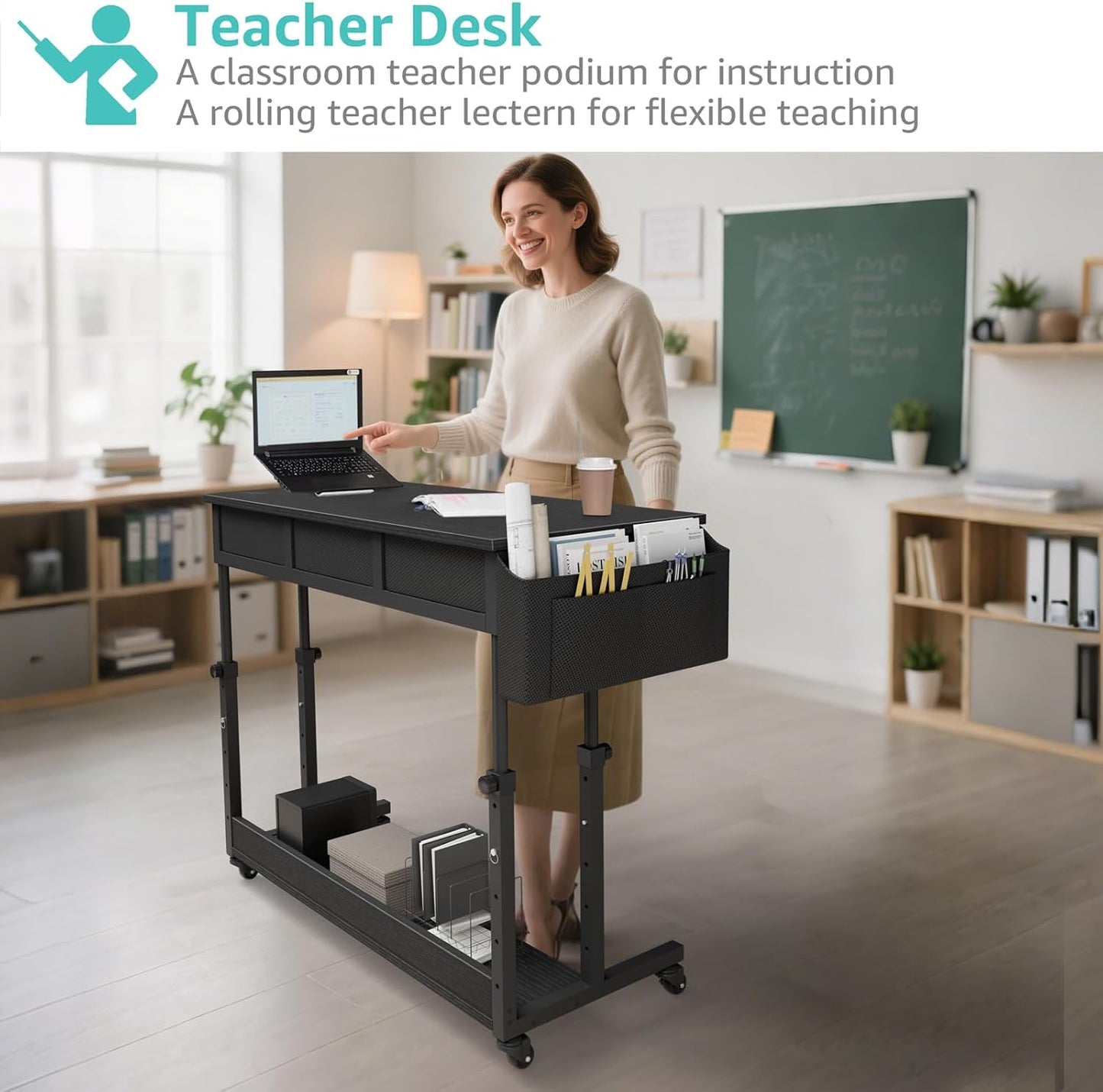 Rolling Standing Desk Adjustable Height with Drawers, 40 Inch Mobile Stand Up Portable Teacher Desks on Wheels for Classroom, Couch Sofa Side Laptop Table with Storage for Bedroom Home Office, Black