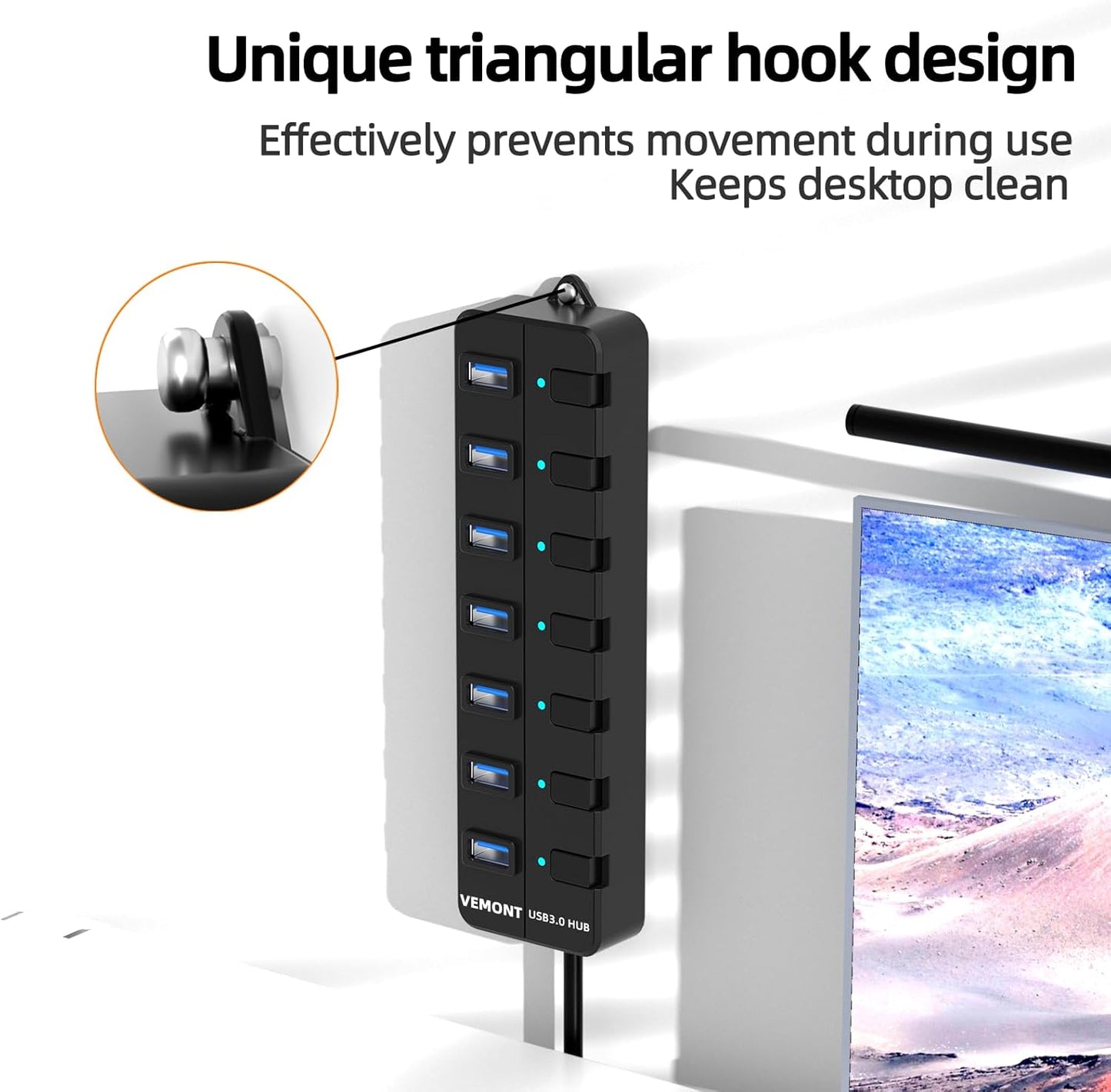 USB hub,7 Port USB 3.0 Hub,VEMONT USB Splitter with Individual On/Off Switches and Lights, 4ft/1.2m USB HUB Long Cable, USB Extension for Laptop and PC Computer