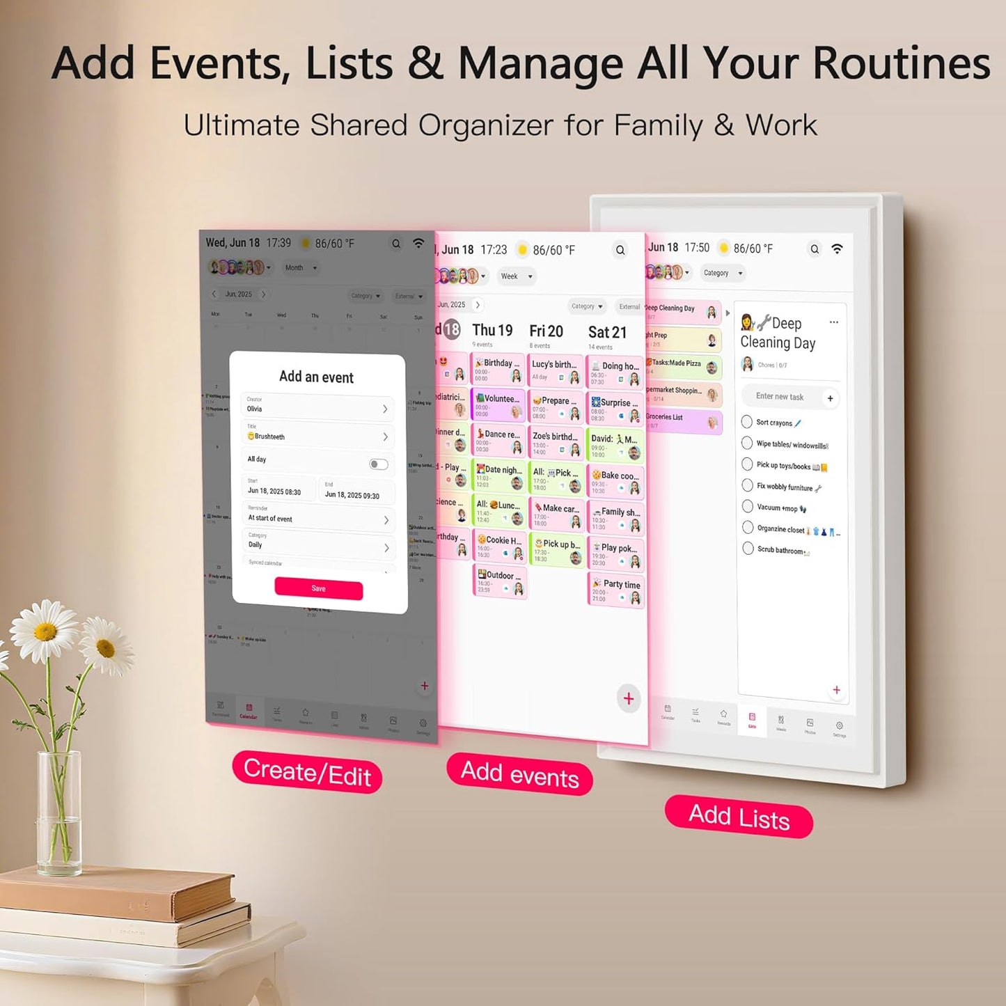 15.6 Inch Digital Calendar, Full HD Touchscreen Smart Planner for Family Schedules - Wall & Desk Mount, Great for Seamless Daily Planning & Household Organization, with LED Reminder Light