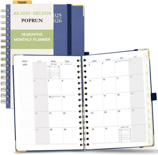 POPRUN Monthly Planner 2025-2026 Spiral Hardcover (6.25'' x 8.5''), 18 Months Calendar (Jul.2025 - Dec.2026)- 2 Pages per Month with Dotted Note Pages, Sunday Start, Laminated Tab - Navy Blue