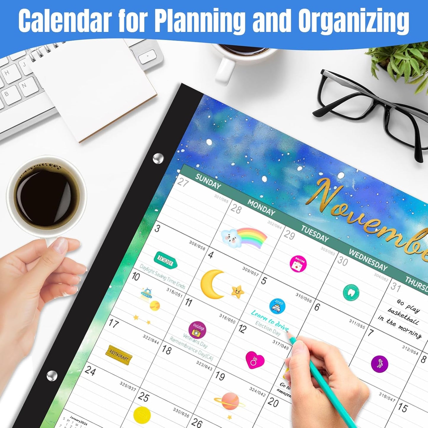 Gannyfer Desk Calendar 2025-2026, 18 Month Calendar July 2025 - Dec 2026, 22" x 17" Large Monthly Desktop Calendar with Notes, Daily Blocks, Thick Paper, Corner Protectors - Colorful Waterink (6 Stickers Included)