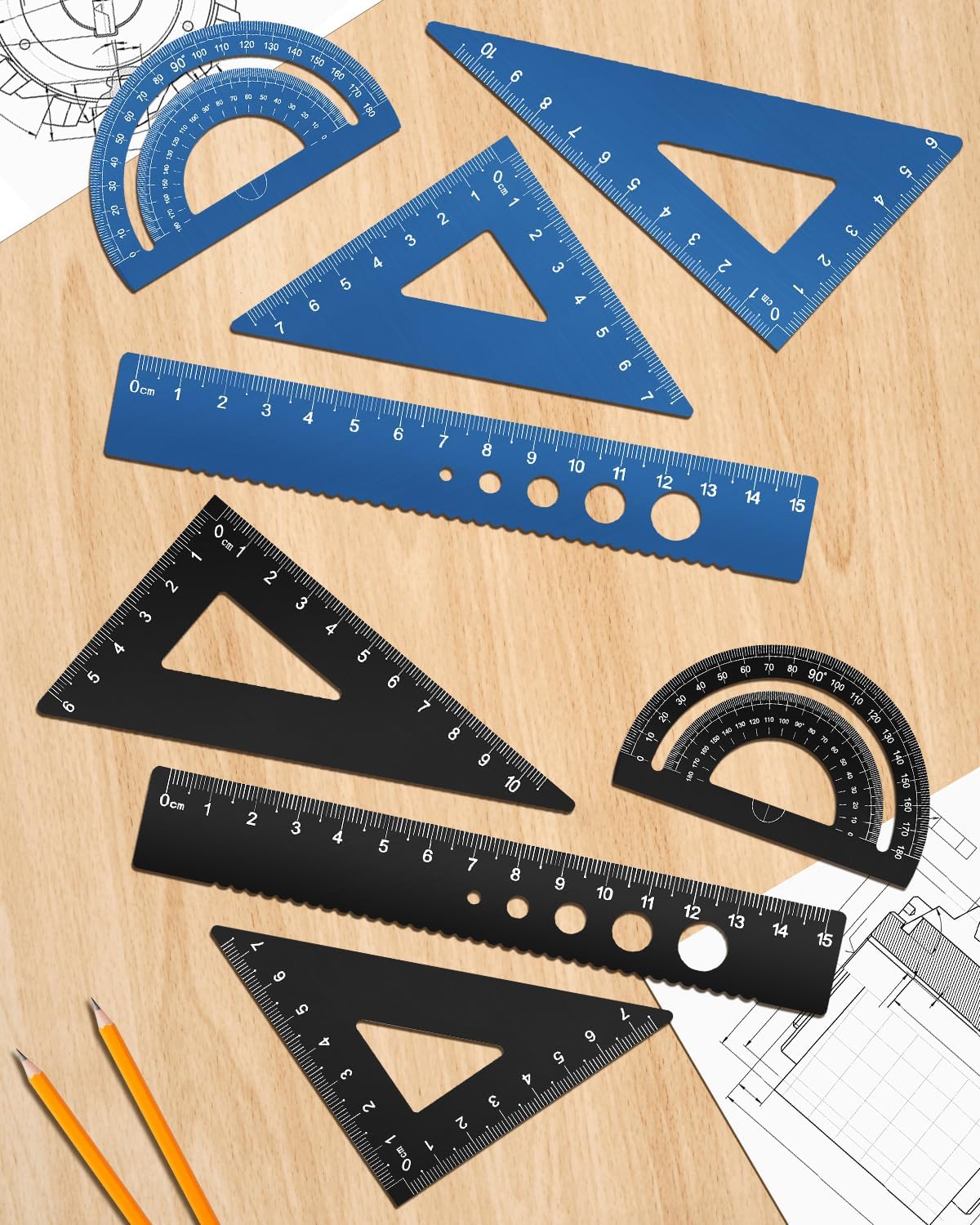Honagu Triangular Ruler Set, 8 Pieces/2 Sets Aluminum Alloy Ruler, Metal Drafting Ruler, Geometric Protractor for Students, Draftsmen, Engineers, School Office Supplies (Blue+Black)