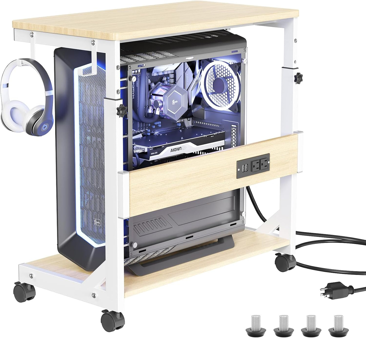 Height Adjustable Computer Tower Stand with Charge Station and USB Charging Port, 2-Tier ATX-Case Cart, Under Desk Mobile PC Stand, CPU Holder Cart with Locking Caster Wheels for Fits Most PC