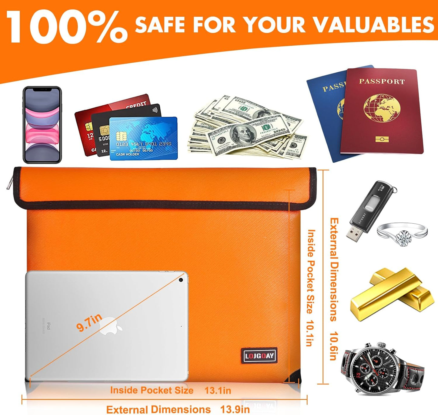 Fireproof Bag with 5200℉ Thermal Insulated, Waterproof Fireproof Box with Zipper, Fireproof Money Bag for Cash, Fireproof Safe Bags for Home Safe Bank Valuable Documents (Orange, 13.9"x10.6")