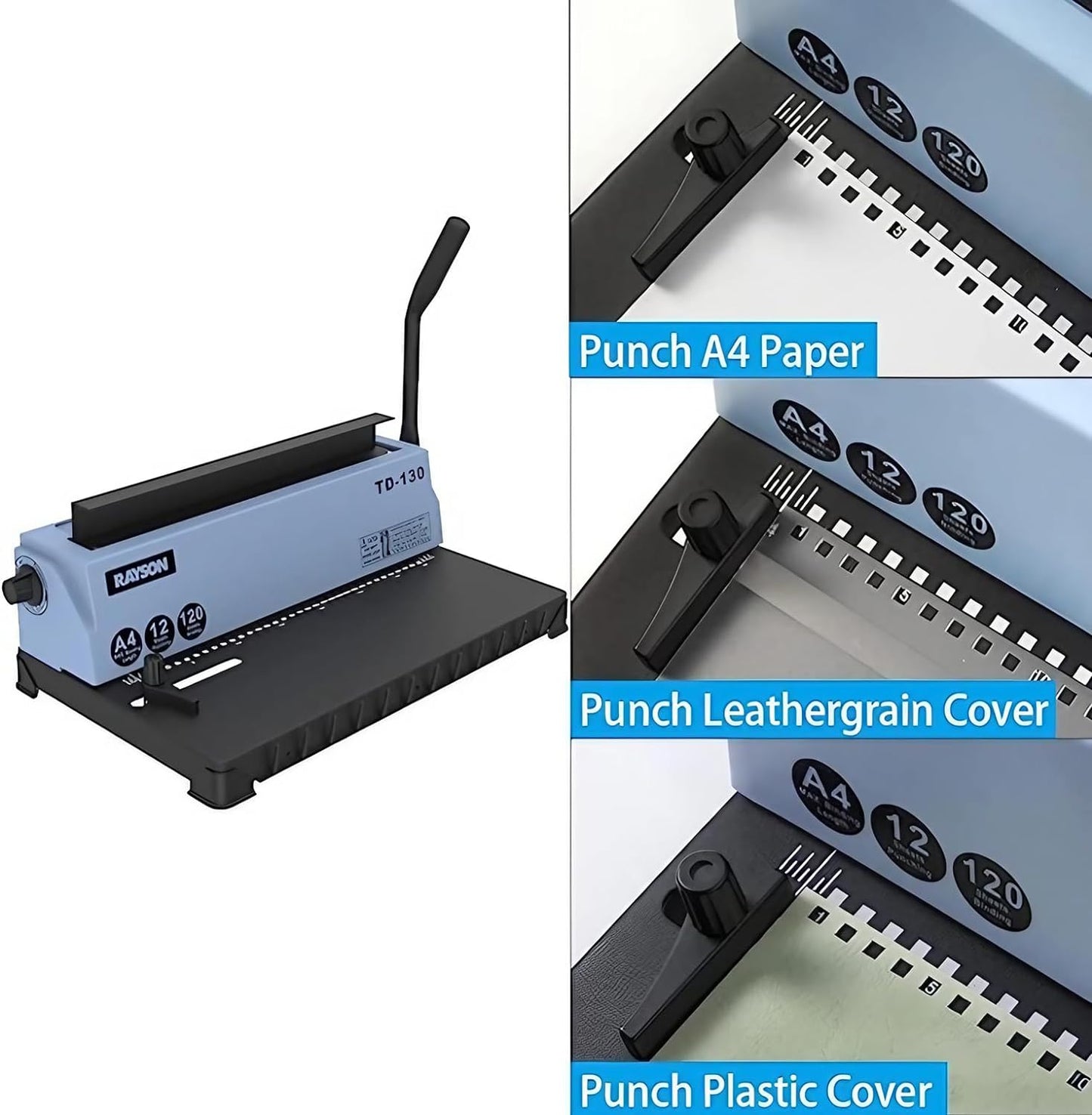 Rayson TD-130 Wire Binding Machine (Square Holes) Punch 12 Sheets/Bind 120 Sheets with Sturdy Metal Construction