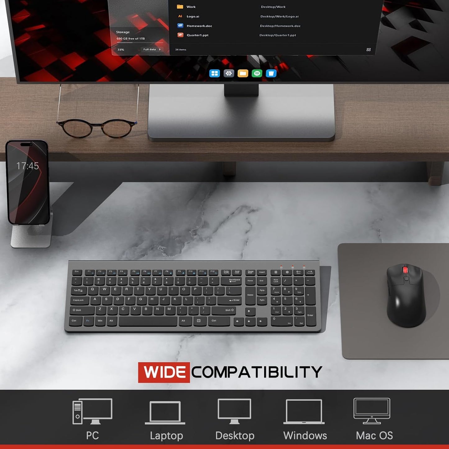 Wireless Keyboard and Mouse Combo,Quiet Click,Full Size Design with Number Pad,Ergonomic Mouse with 5 DPI,Sleep Mode-2.4G Silent Portable Cordless Combo for Laptop/PC/Computer/Mac(Grey)