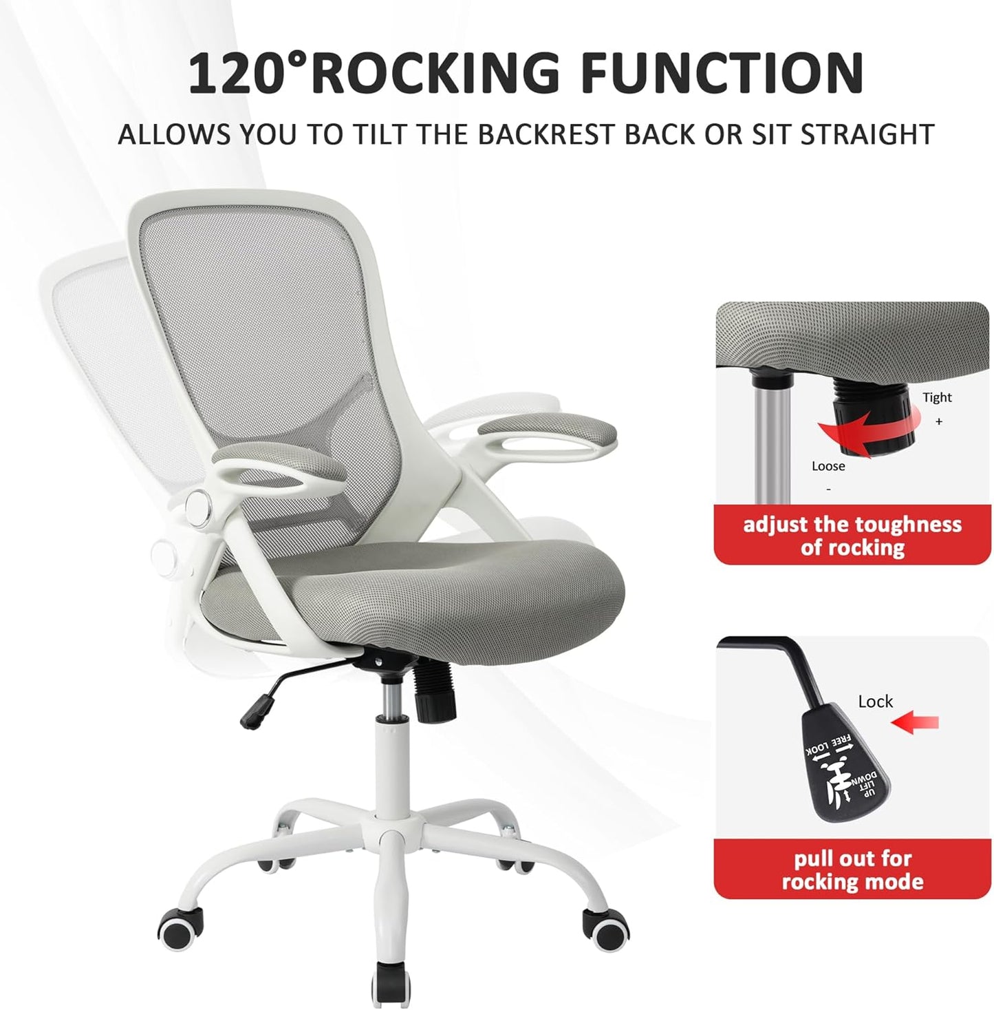HYLONE Office Chair Ergonomic Desk Chair with Adjustable Armrests, Mesh Executive Chair, Home Office Computer Chairs for Long Hours(Grey)