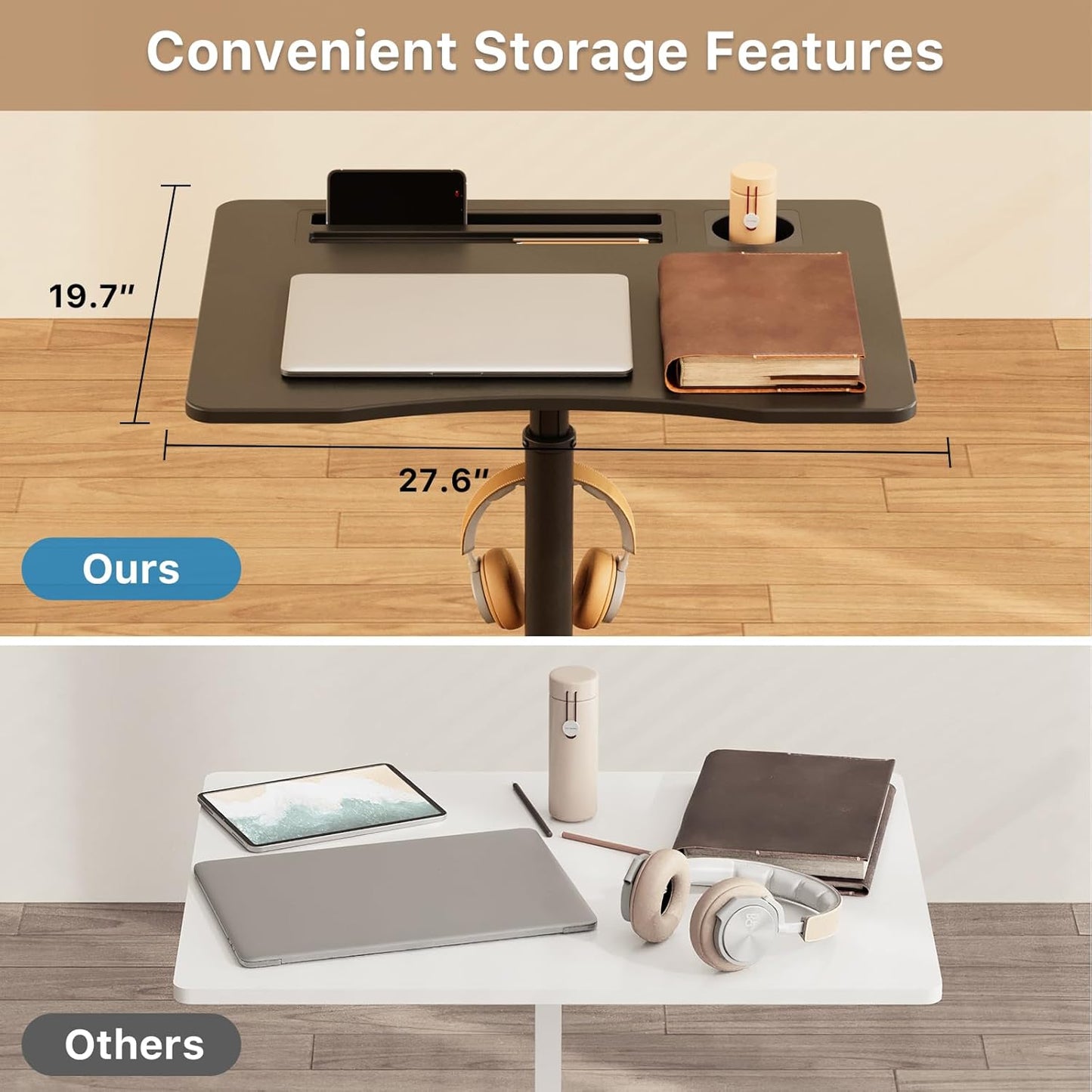 Mobile Standing Desk, 28 inch Rolling Standing Laptop Desk with Cup Holder, Mobile Desk Workstation with Wheels, Portable Computer Desk Cart with Hook for Home Office, Black