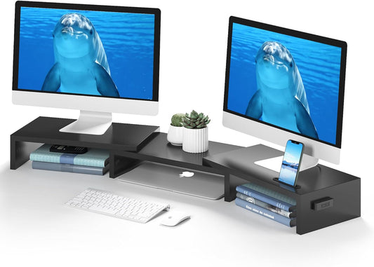 BONTEC Dual Monitor Stand Riser with Smartphone Holder, Adjustable Length & Swivel Angle, Ergonomic Wooden Desktop Organizer for PC Monitor, Laptop, Printer, Large Storage, Black
