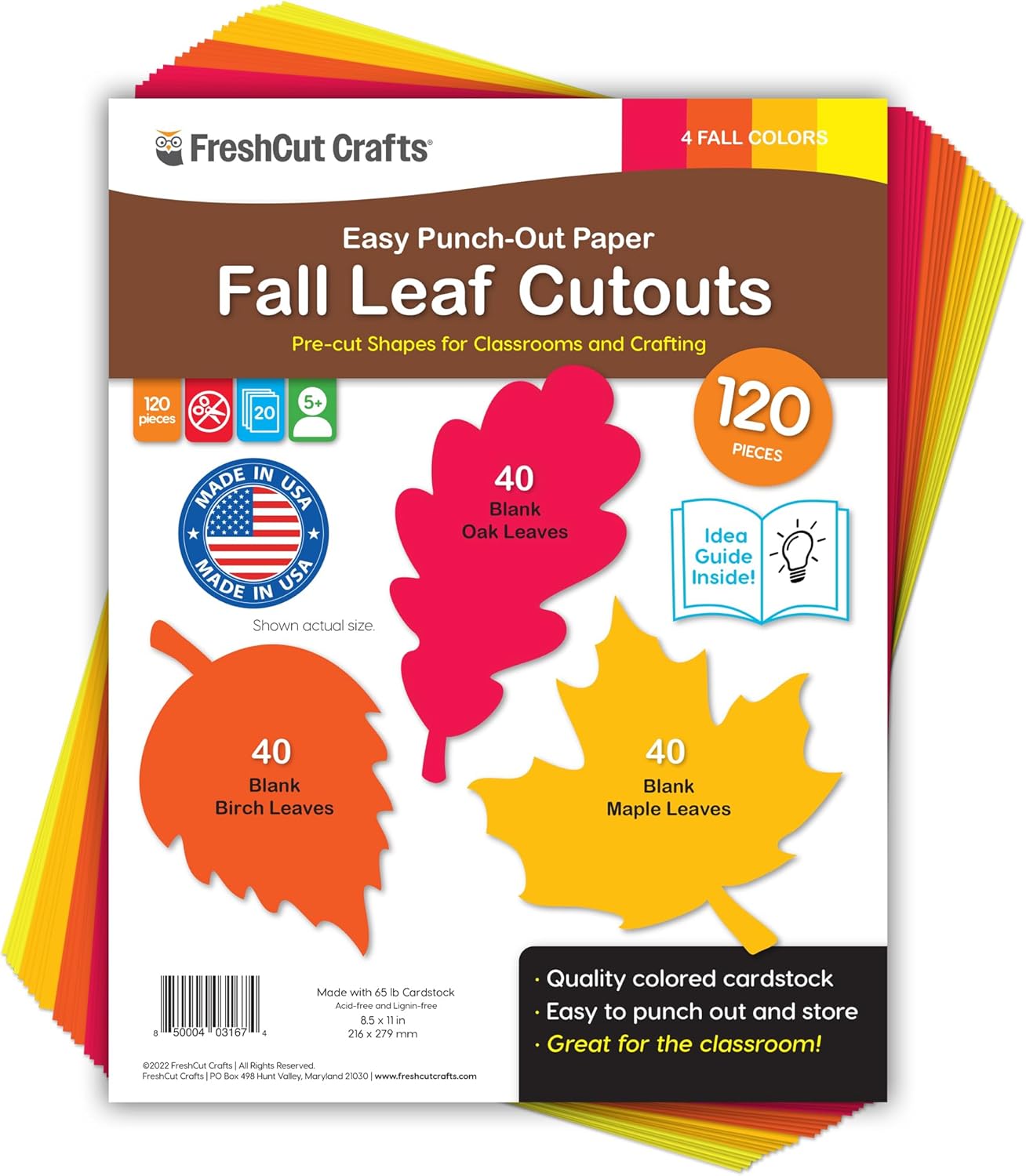 120 Pieces Fall Leaf Paper Cutouts with IDEA Guide, 2-Sided US Made Card Stock Punch Out Maple, Oak, and Birch Leaves for Bulletin Boards, Classroom Decor, Autumn Crafts, DIY Scrapbook, and Posters