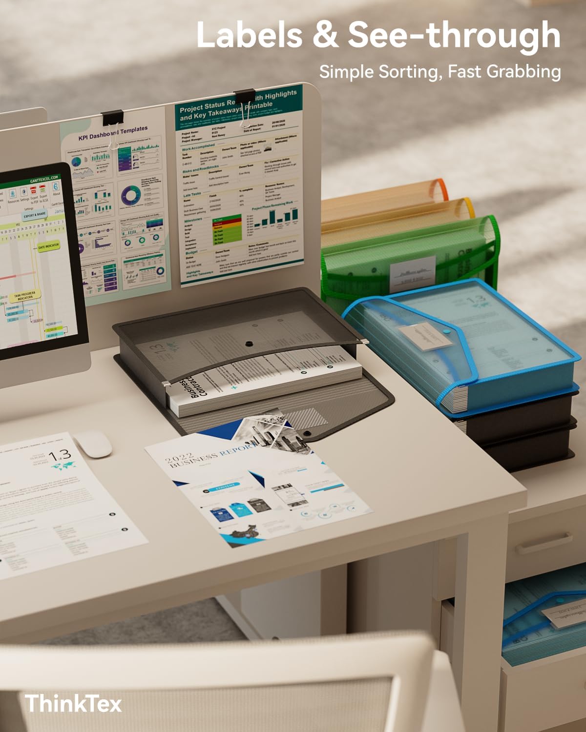 ThinkTex Plastic Expanding File Folder, Transparent envelopes with Snap Closure, No Dividers, Large Capacity, Assorted Colors, Fit Letter/A4 Size - 5 Packs