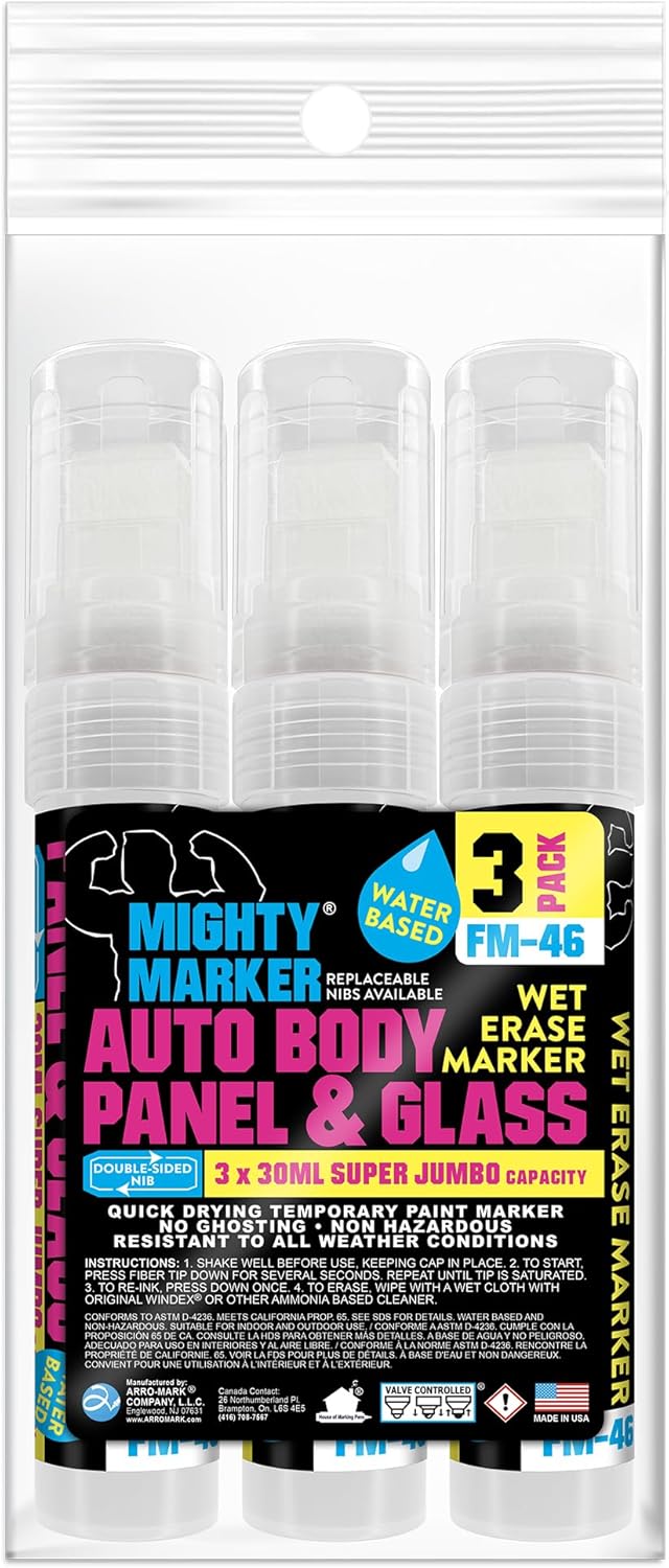 FM-46 Auto Body and Glass Super Jumbo Paint Marker, No-Ghost Formula, Water-Resistant, Valve Action, Removable, Water-Based, 30ml Capacity, Made in USA, White 3 Pack