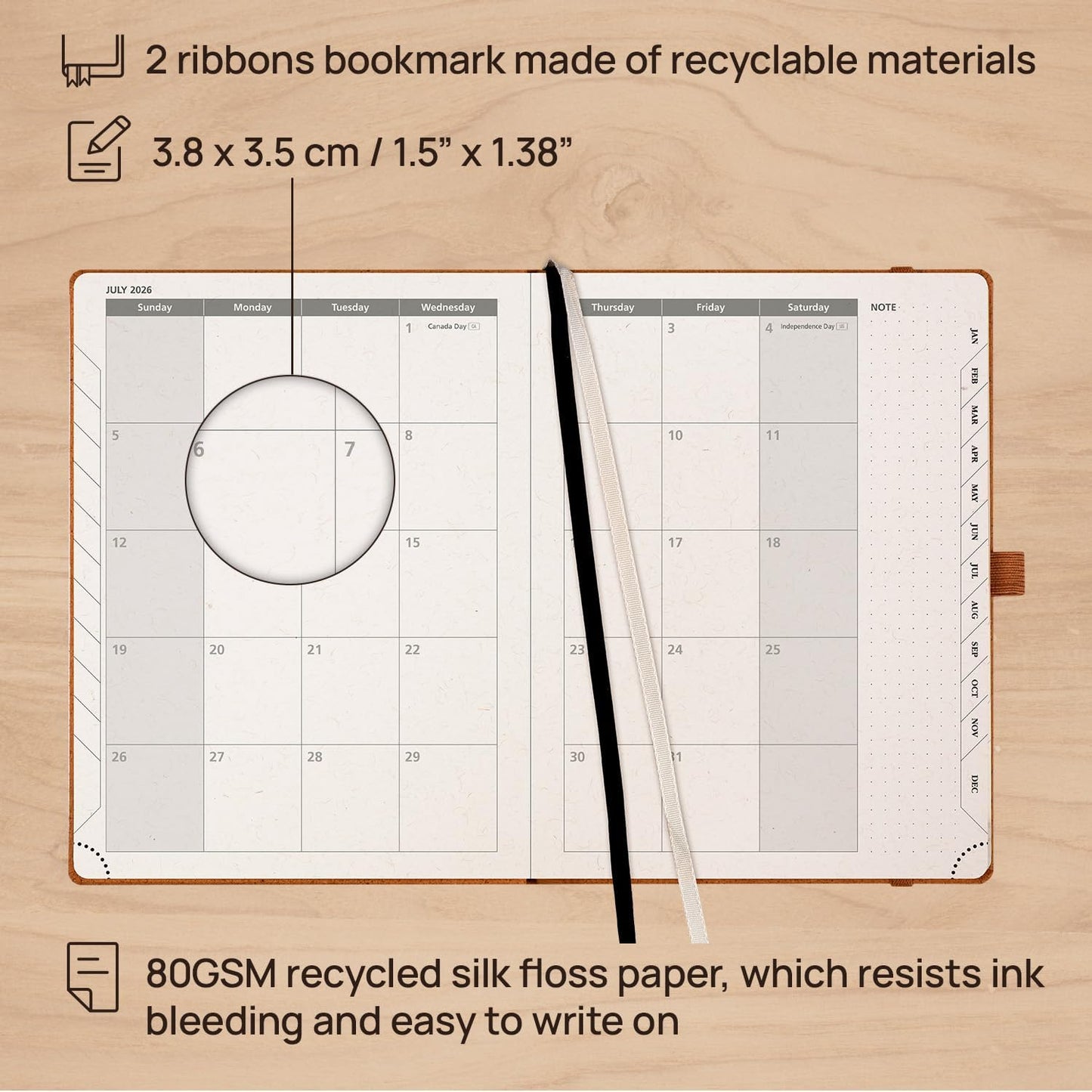 POPRUN 2026 Planner - 2026 Recycled Weekly Planner[6.5''x 8.5''- Italian Regenrated Leather Hard Cover] with Hourly Schedule & Vertical Weekly Layout, Monthly Tabs, Inner Pocket - Black Grey