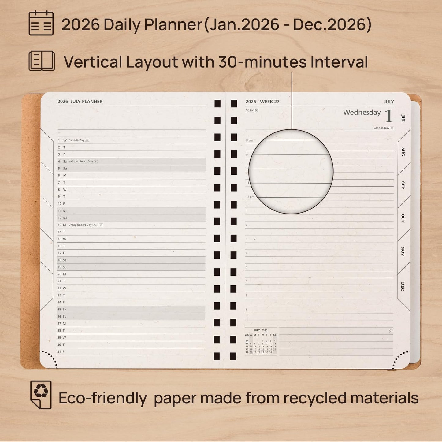 POPRUN 2026 Daily Planner One Page A Day - [5.75" x 8.5"-100% Recycled Materials Spiral Soft Cover] - 2026 Agenda with Monthly Calendar, Folded Inner Pocket - Desert Brown