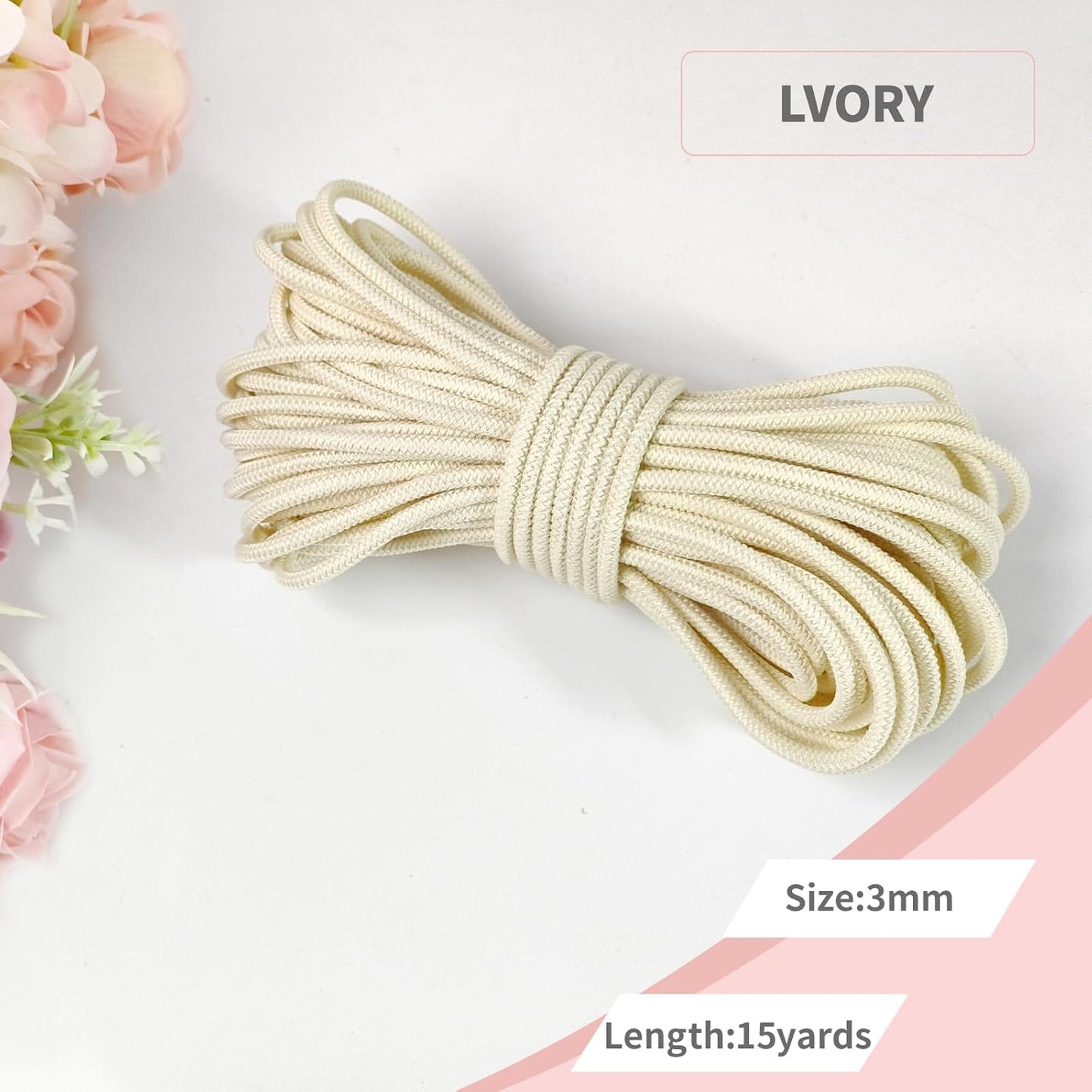 1/8 inch Non-Slip Elastic Band -3mm 15 Yards Soft Elastic Cord Stretch String Braided Thread for Sports Gear, DIY Crafts, Hair Bands, Shoelaces,Apparel Making & Camping Tie Down (Ivory)