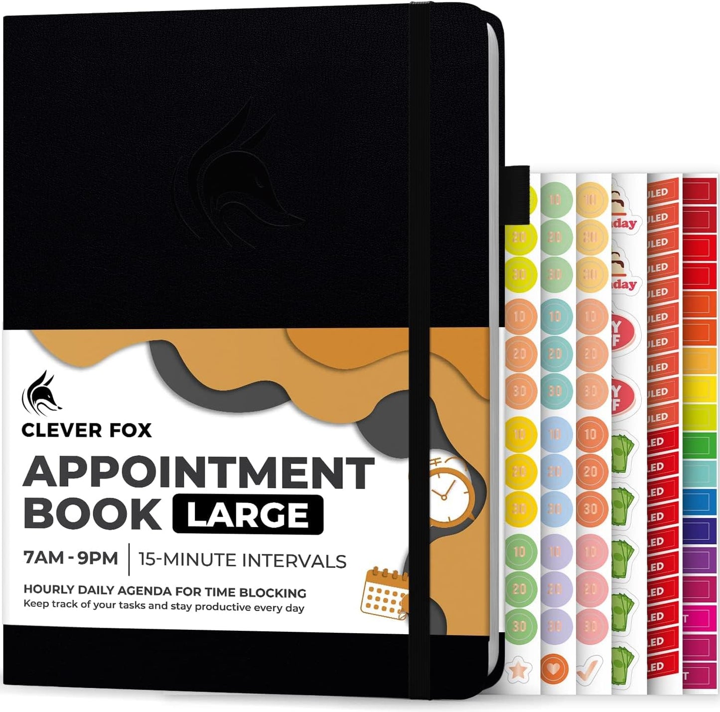 Clever Fox Appointment Book – Hourly Schedule Planner with 15-Minute Increments – Time Box Planner for Daily Work & To-Dos – Weekly & Monthly Spreads, Undated, Hardcover, 8.3x11″ (Black)