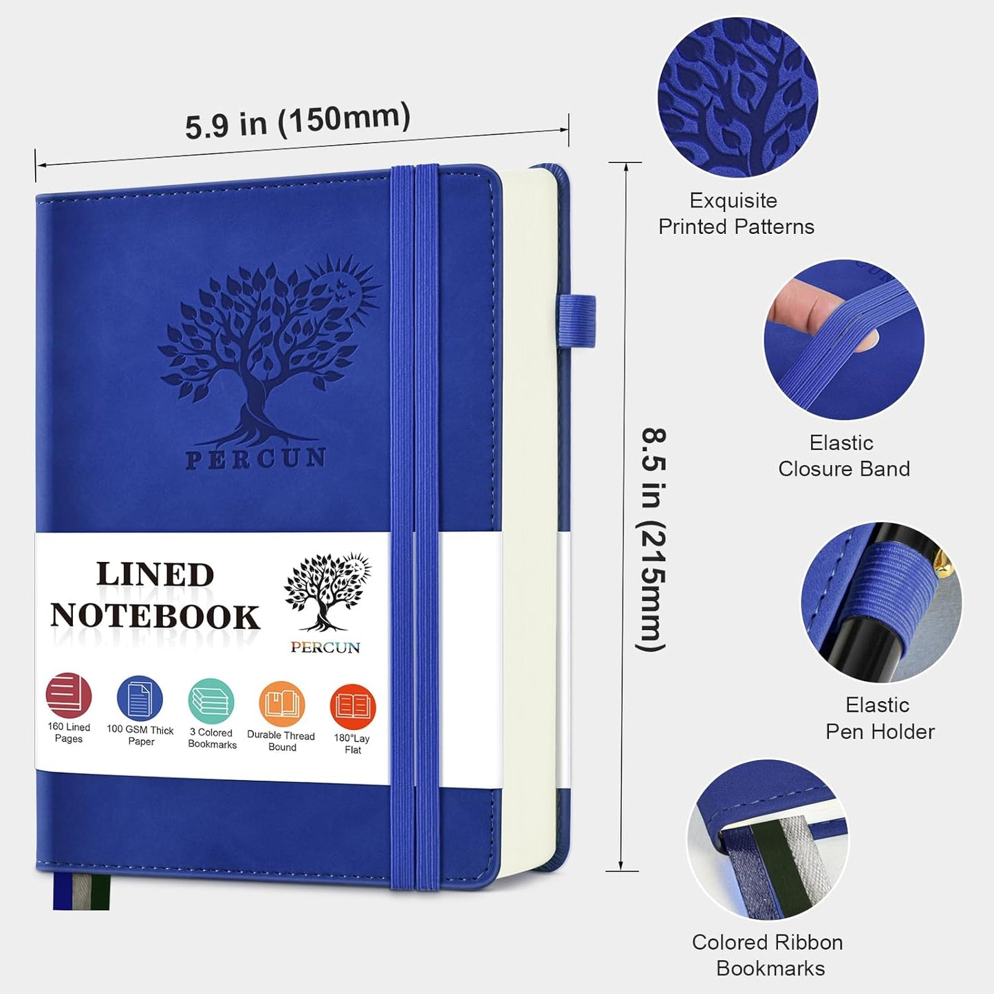 Lined Journal Notebook for Men & Women, 160 Pages College Ruled Journal for Writing, A5 Hardcover Leather Notebooks for Work, School, Business, Travel, Daily Diary 5.9" x 8.5" - Navy