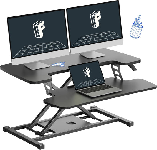 FLEXISPOT 32-inch Height Adjustable Standing Desk Converter, Quick Sit to Stand Tabletop Dual Monitor and Laptop Workstation with Wide Keyboard Tray, Black