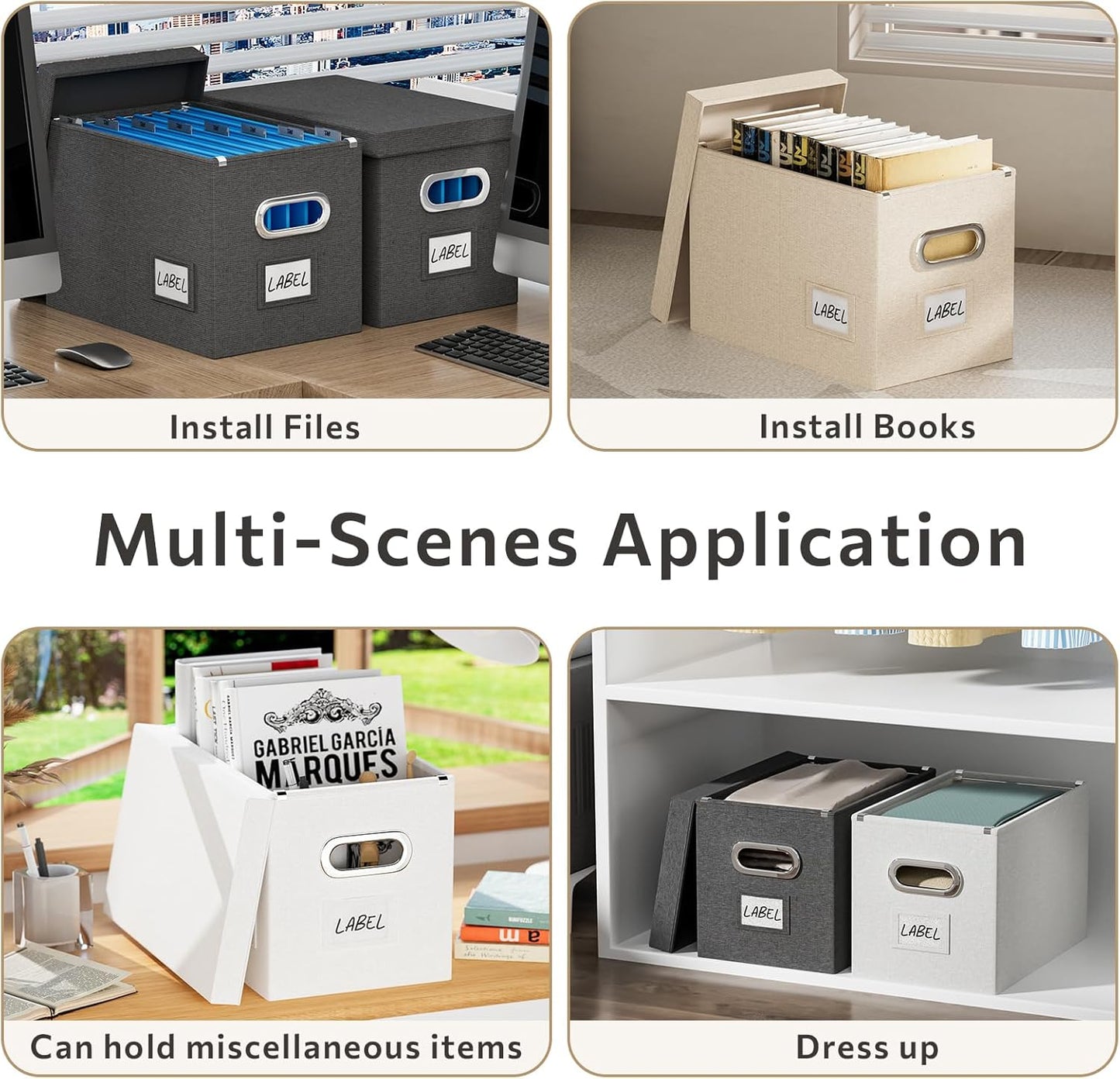 File Organizer Box with Lid - Set of 2 Portable Hanging File Box, Collapsible Linen Decorative Filing Storage Boxes for Office & Home File Cabinet (Black 14 x 9.3 x 10.9 inch)