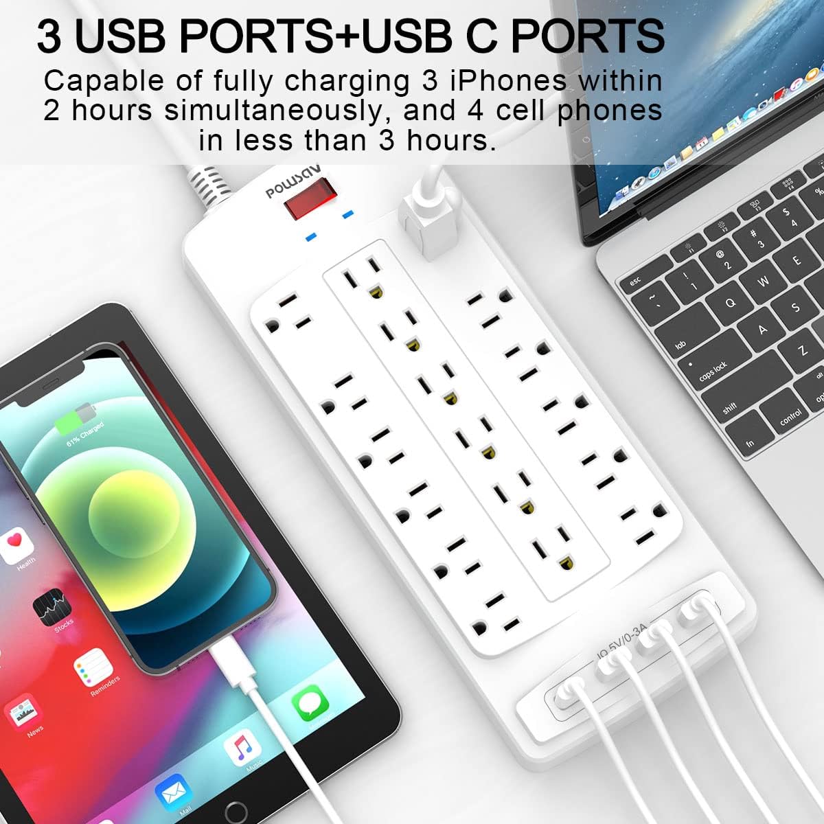 18 Outlets Surge Protector Power Strip - 10 Feet Flat Plug Heavy Duty Extension Cord with 18 Widely Outlets and 4 USB Ports, 2100 Joules, White, ETL Listed