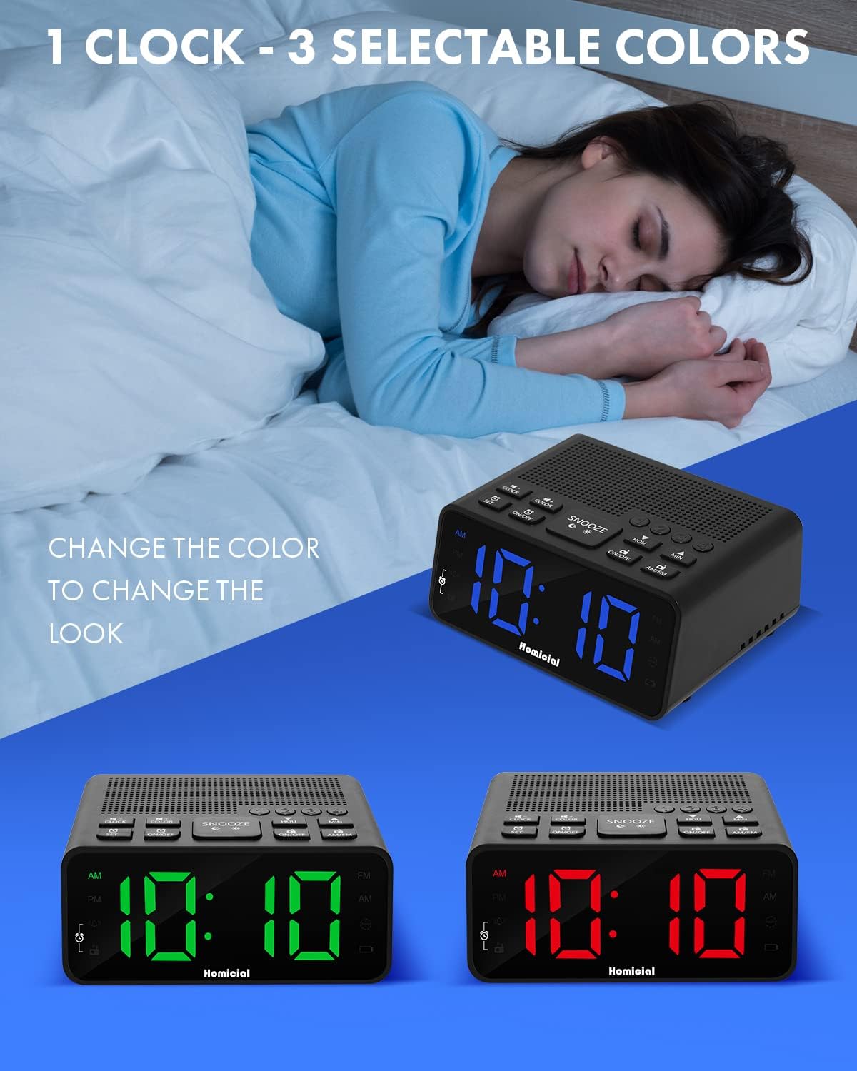 Digital Alarm Clock Radio with AM/FM Radio, Multi-Colors 1.4” LED Digits, Preset, Sleep Timer and Clear Display with Dimmer for Bedroom Bedside, Battery/Plug-in Powered