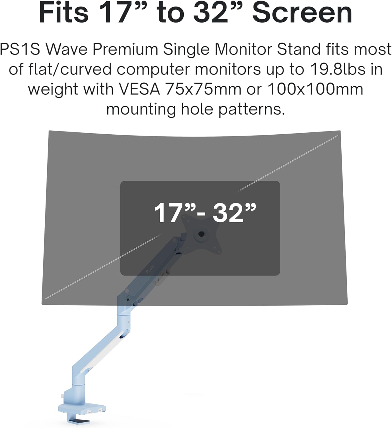 Pixio PS1S Wave Blue Single Monitor Arm Stand Desk Mount - Fits up to 32 inches Monitors and up to 19.8lbs. VESA Compatibility and Integrated Cable Management