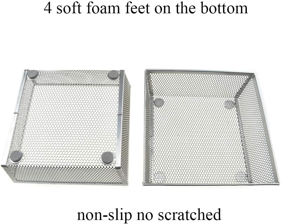 HAHIYO Stackable Mesh Tray Cup 6 x 6 x 2 inches Sturdy Container for Desk Drawer Organizer Collection for Home Office School kitchen Soft Foam Feet No Sharp Edges 2 Pack Silver