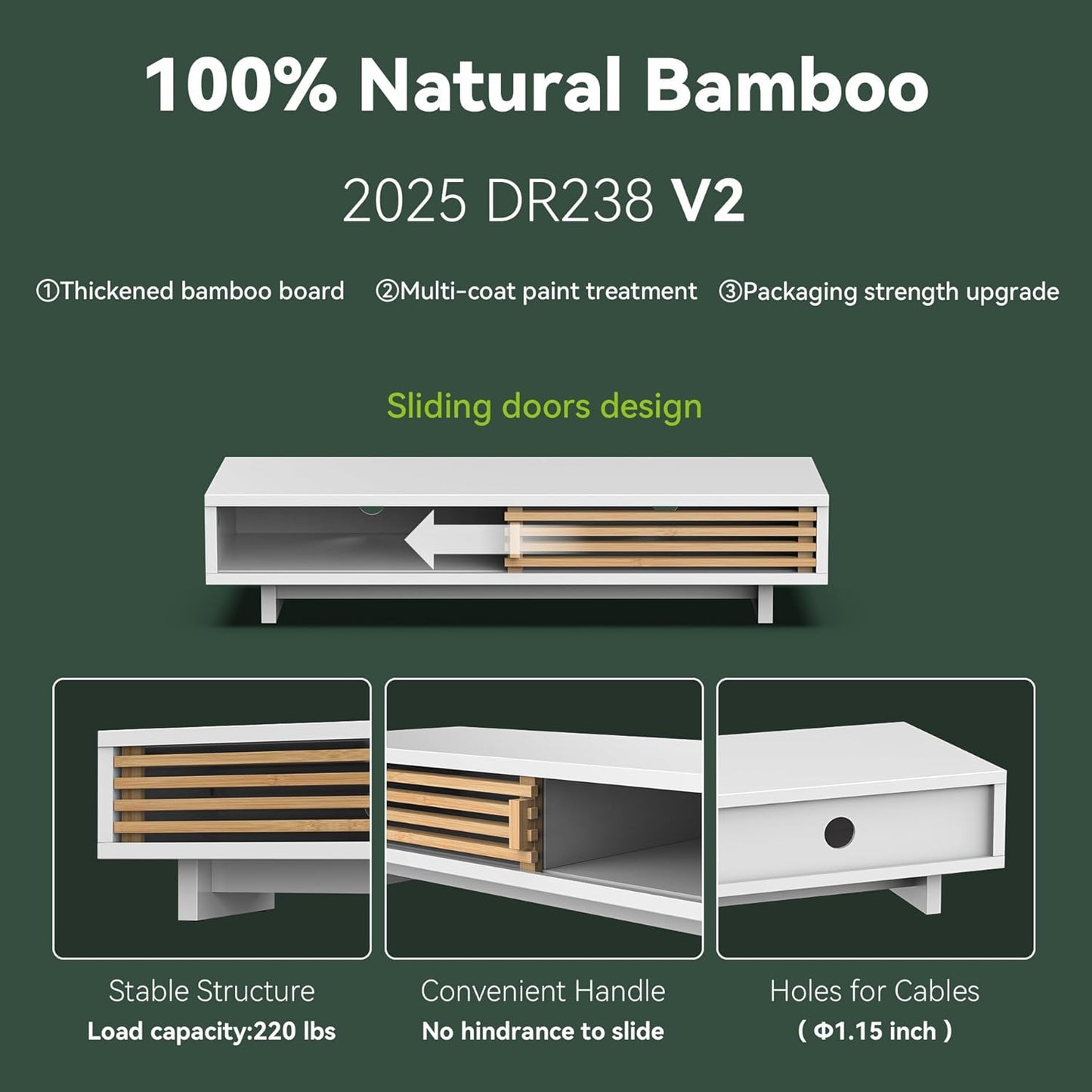 Monitor Stand Riser with Sliding Door, Computer Laptop Stand Desk Shelf Organizer with Storage (White + Natural Bamboo, 25 Inch)