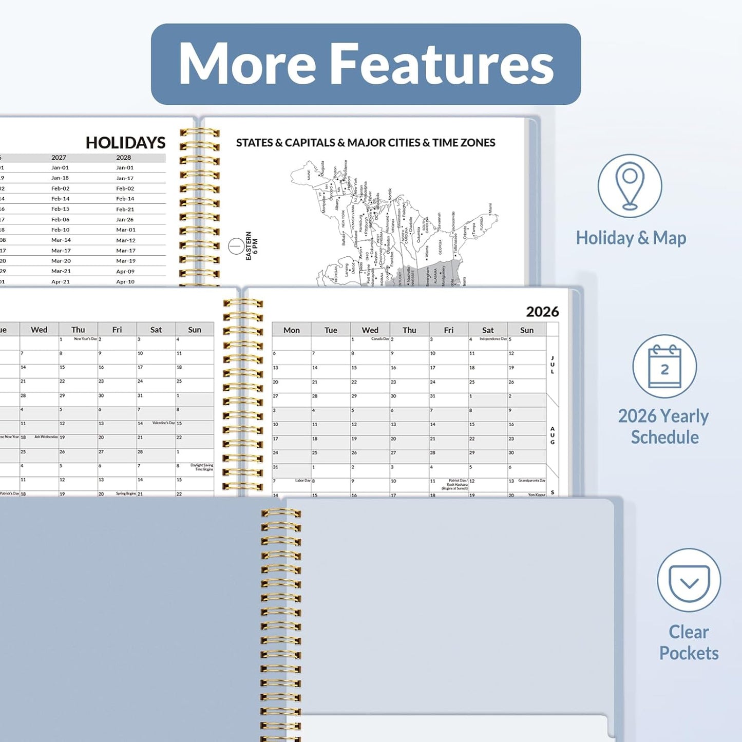 SUNEE 2026 Weekly and Monthly Planner - from January 2026 - December 2026, 8.5"x11" Daily Agenda Planner with Monthly Tab, Flexible Cover, Note Pages, Pockets, Bookmark, Spiral Binding, Gray Blue
