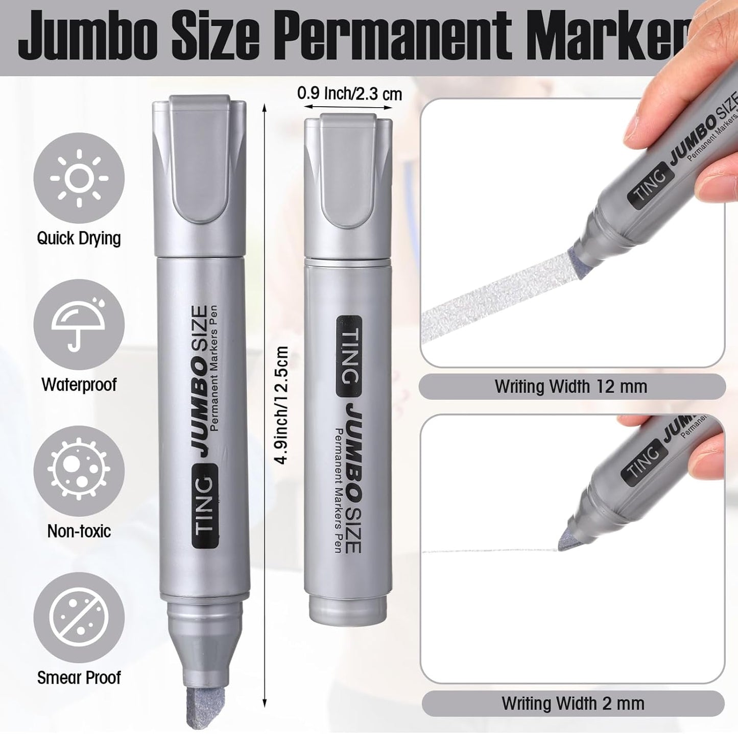Fuutreo 10 Pack Jumbo Permanent Markers Bulk Large Chisel Tip Permanent Markers Quick Drying Waterproof Big Huge Poster Pens for Office, Logistics Company and More(Silver)