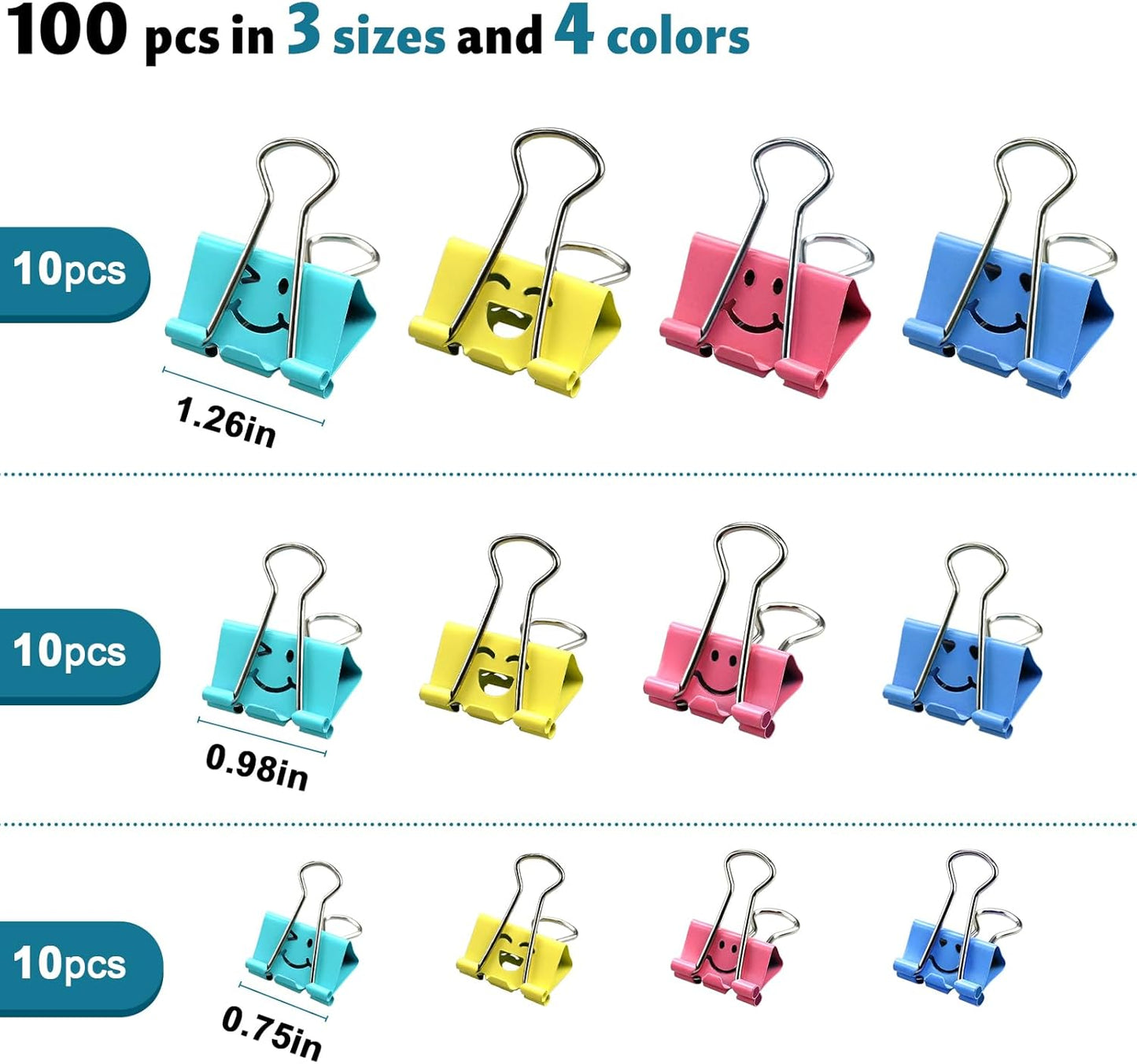100 Pack Binder Clips Paper Clamps Assorted Sizes and Colors Cute Binder Clips with Smiling Face Metal Paper Clamps for Office, School