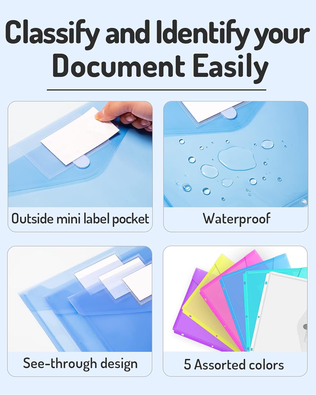 Forvencer Binder Pocket, 10 Pack Super Heavyweight Plastic Folders with Tight Closure, Folders with Pockets Side Loading, Binder Organizer, Binder Dividers with Pockets, Letter Size, Assorted Colors