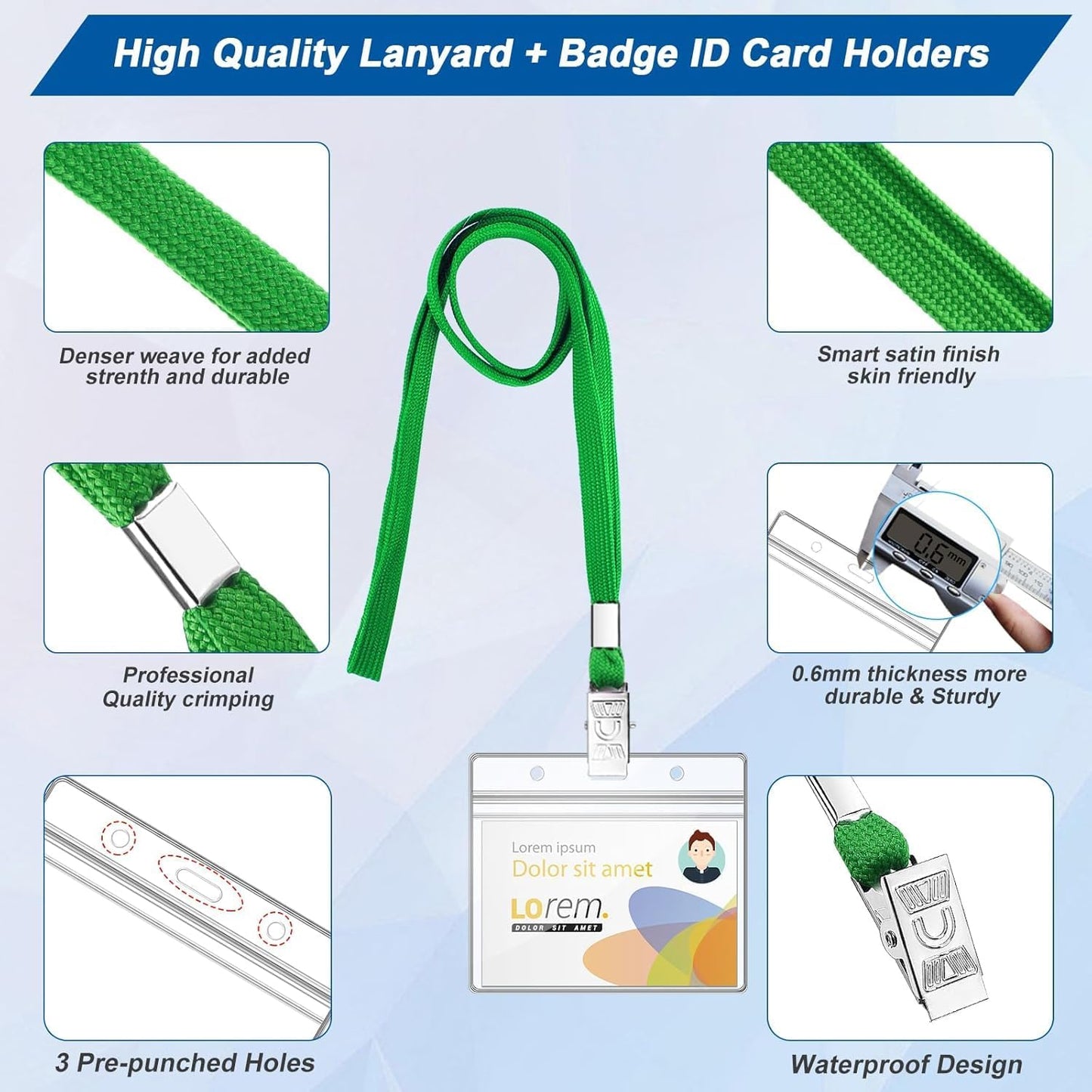 100Pcs Lanyards for ID Badges and 100 Pcs Clear Plastic Horizontal Name Badge ID Card Holders, Flat Neck Lanyards with Clip Waterproof Resealable Name Tag Badge ID Card Holders (Green)