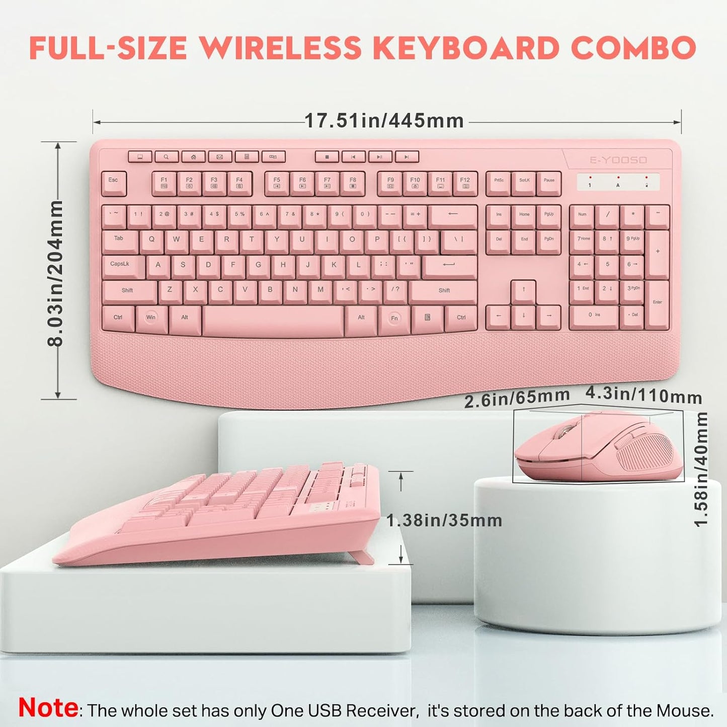Wireless Keyboard and Mouse Combo, E-YOOSO 2.4GHz Full Sized Ergonomic Wireless Keyboard with Wrist Rest, 3 DPI Adjustable and 6 Buttons Cordless USB Mouse for Computer, Laptop, PC, Windows (Pink)