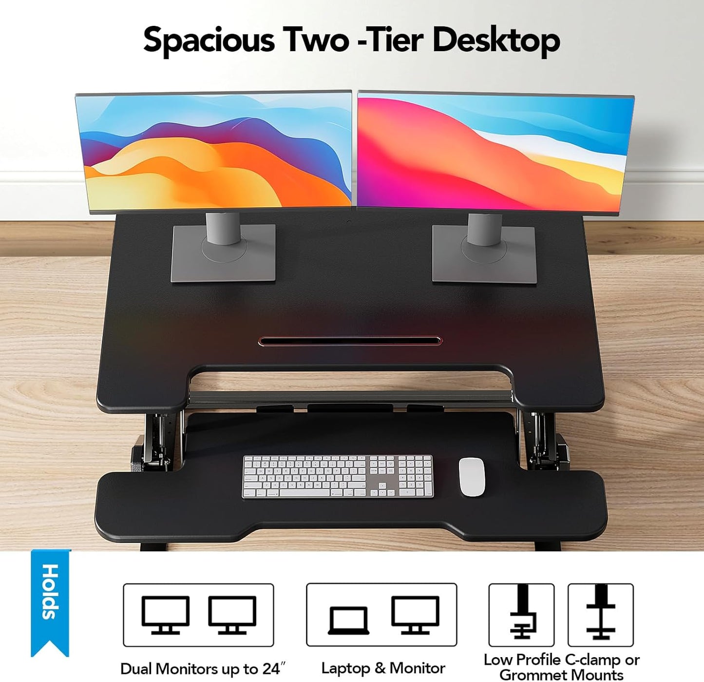 HUANUO 36" Z Shaped Stable Electric Standing Desk Converter, Height Adjustable Sit Stand Up Desk Riser, Dual Monitor and Laptop Workstation with Wide Keyboard Tray, Desk Lifter for Home Office