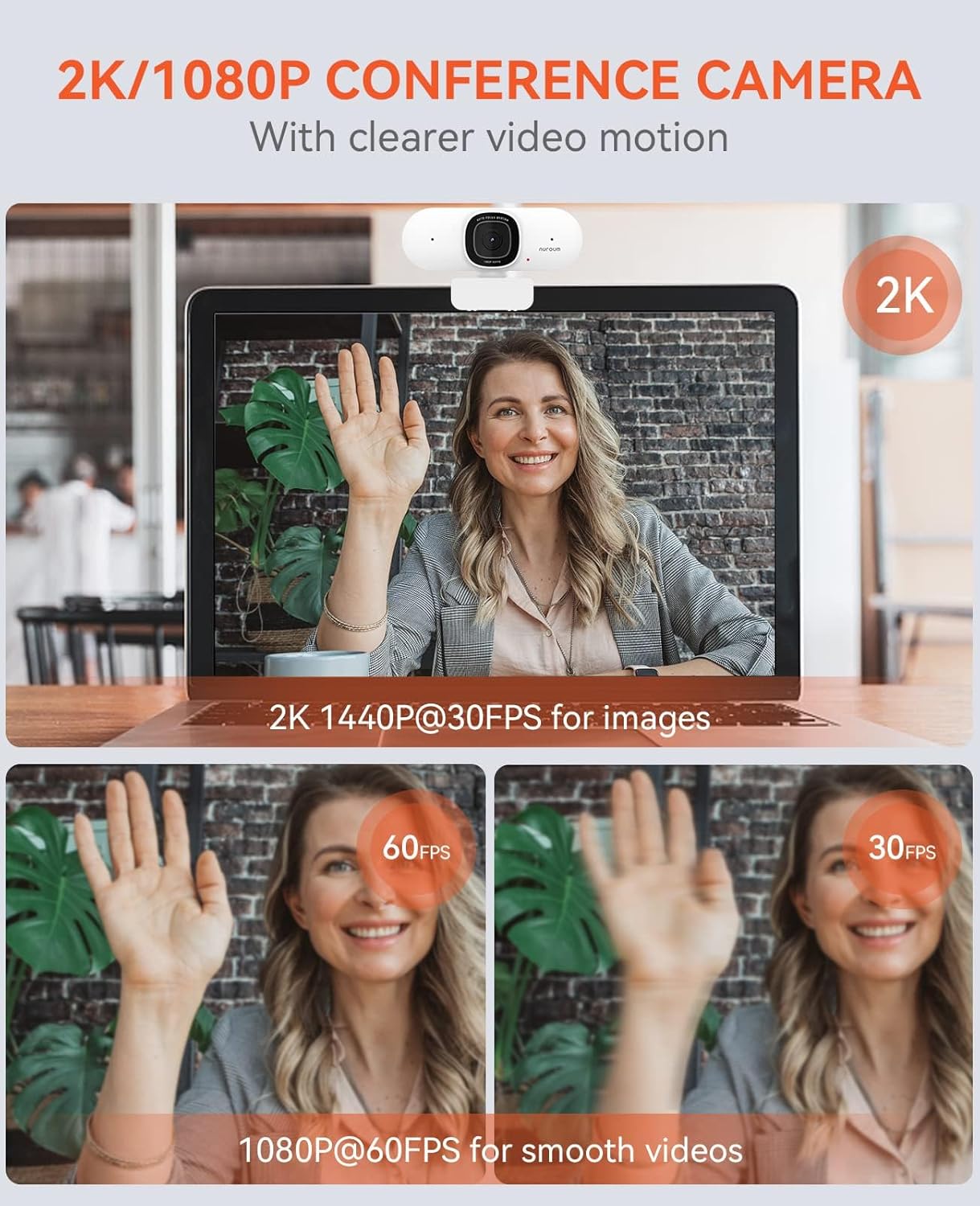 NUROUM V15AF 2K Webcam for PC, 1080p 60FPS AutoFocus Web Camera with Microphone, Privacy Cover and Mute, 75°FOV Dual Microphone USB FHD Computer Camera, Plug and Play for Zoom/Skype/Teams, White