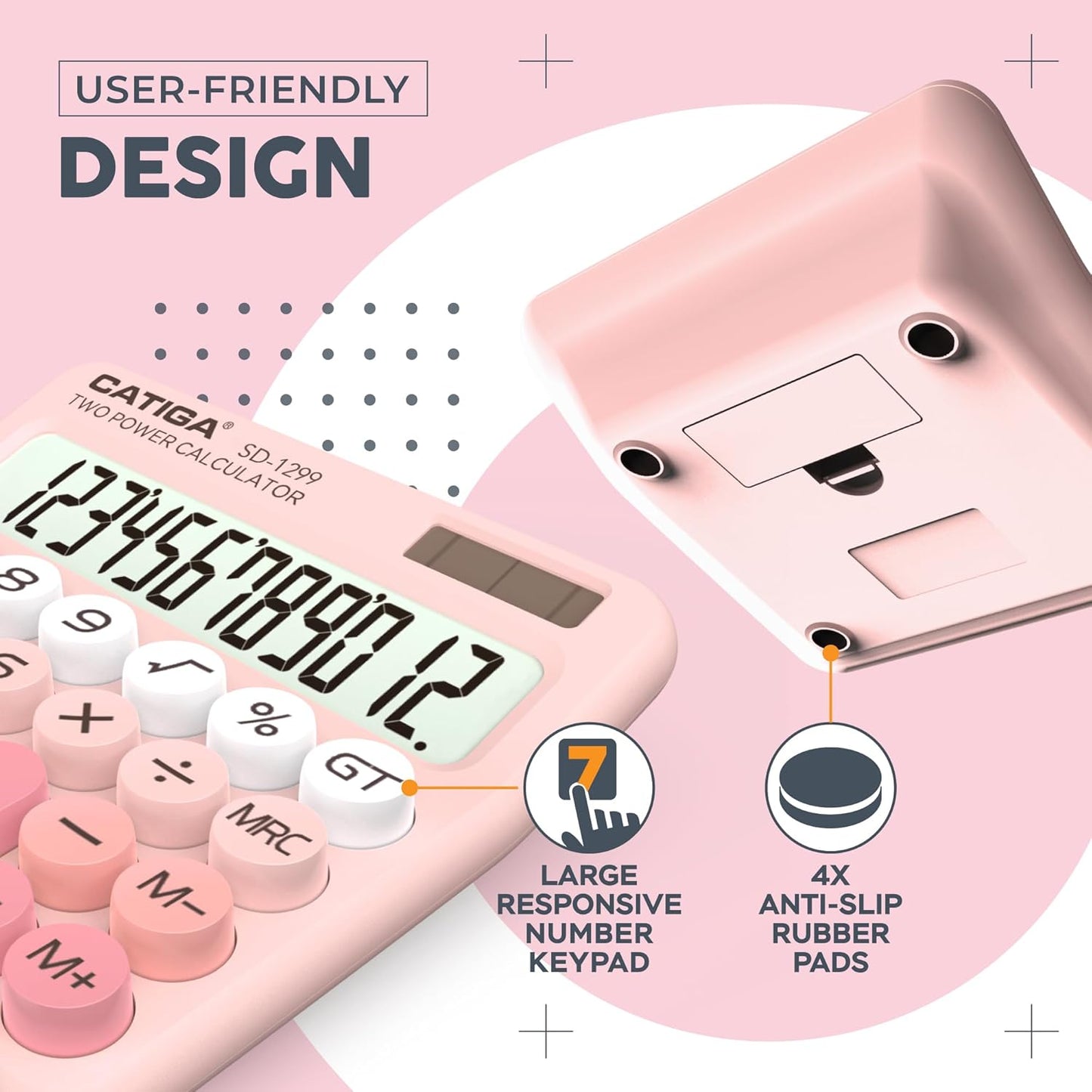 CATIGA Mechanical Switch Calculator with Solar and Battery Dual Power, 12-Digit Large LCD Display, Aesthetic and Cute Desktop Calculator with Big Button, for Home, School and Office Use, SD-1299