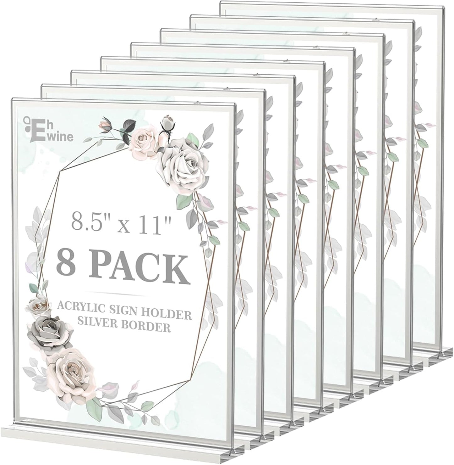 EHWINE 8 Pack Acrylic Sign Holder 8.5 x 11, Double-Sided Tabletop Silver Sign Holder, Clear Acrylic Picture Frame Menu Flyer Paper Holder Display Stand for Home Wedding Party (with Non-Slip Pads)