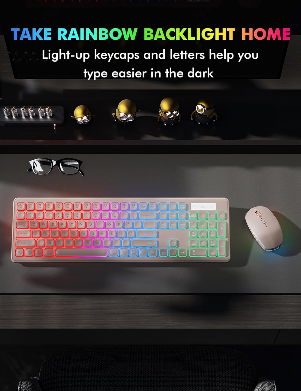 Wireless Keyboard and Mouse Combo - RGB Backlit, Rechargeable & Light Up Letters, Full-Size, Ergonomic Tilt Angle, Sleep Mode, 2.4GHz Quiet Keyboard Mouse for Mac, Windows, Laptop, PC, Trueque, Pink