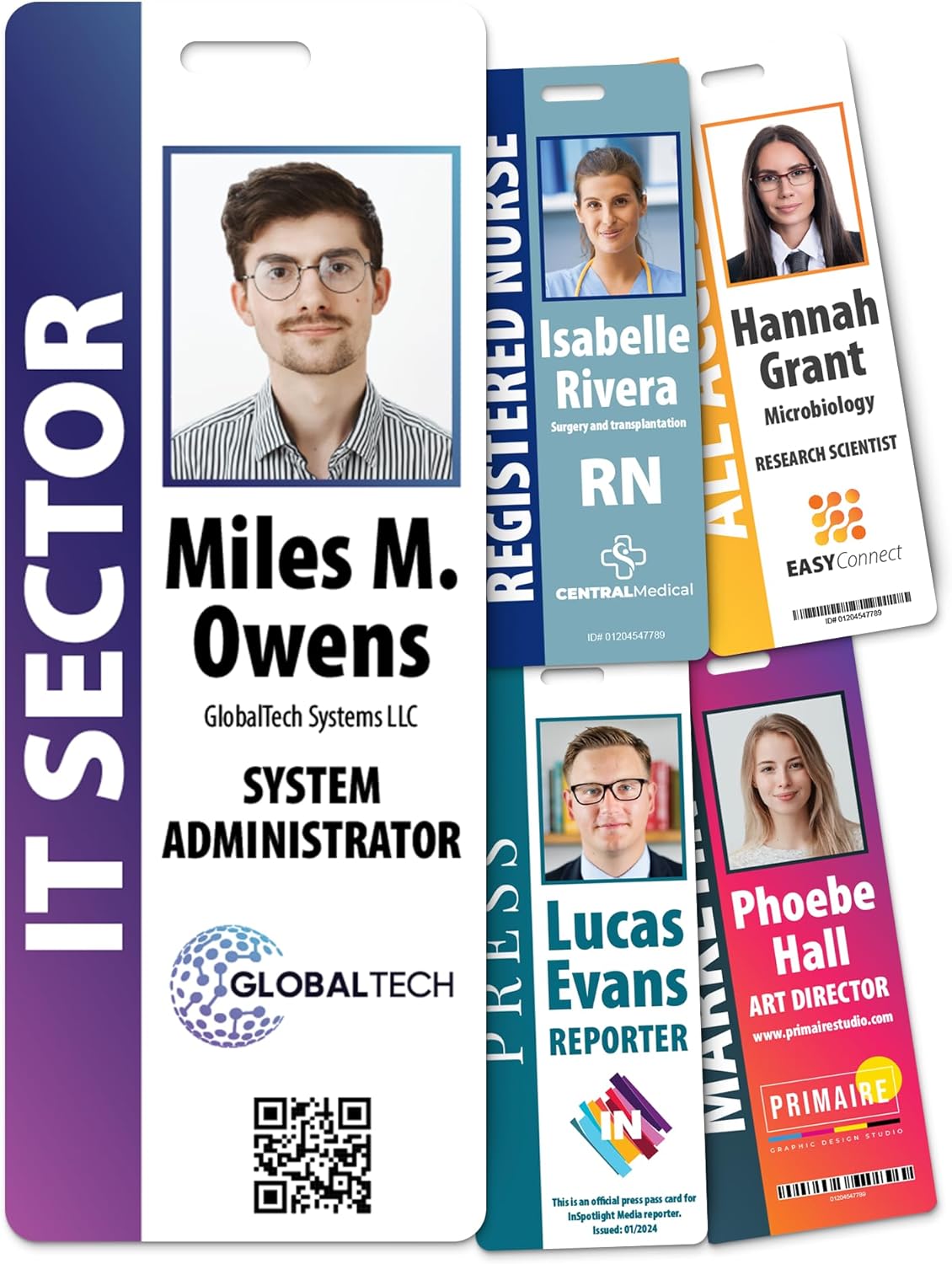 Custom Print Employee ID Badge with Vertical Side Text, Double Sided Print with Name, Photo, Logo, and Barcode – Unique Photo ID Card Solution (Vertical Oversize)