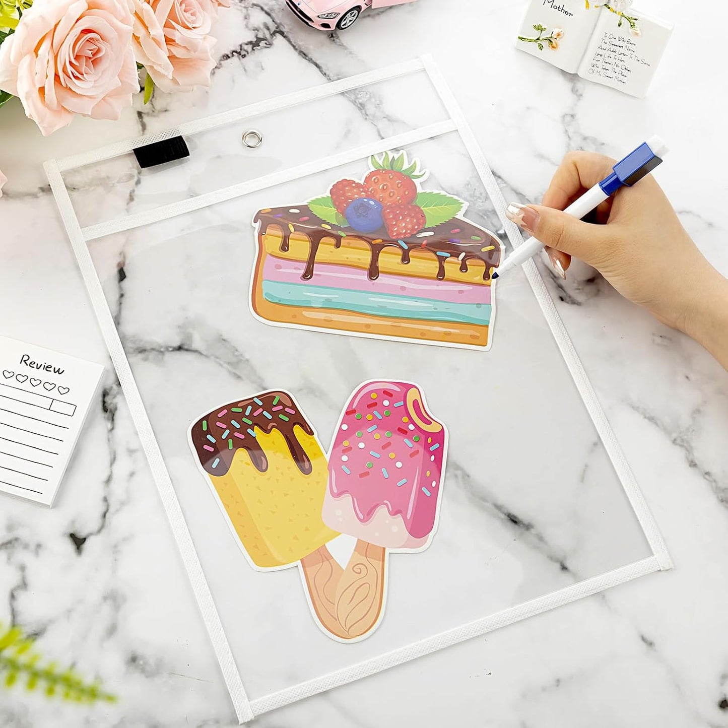 Seajan 120 Pcs Clear Dry Erase Pockets Plastic Sleeves for Paper 14 x 10 Inch Reusable Job Holder Shop Ticket Holders Order Pockets Organizer Teacher Supplies for Classroom (White)