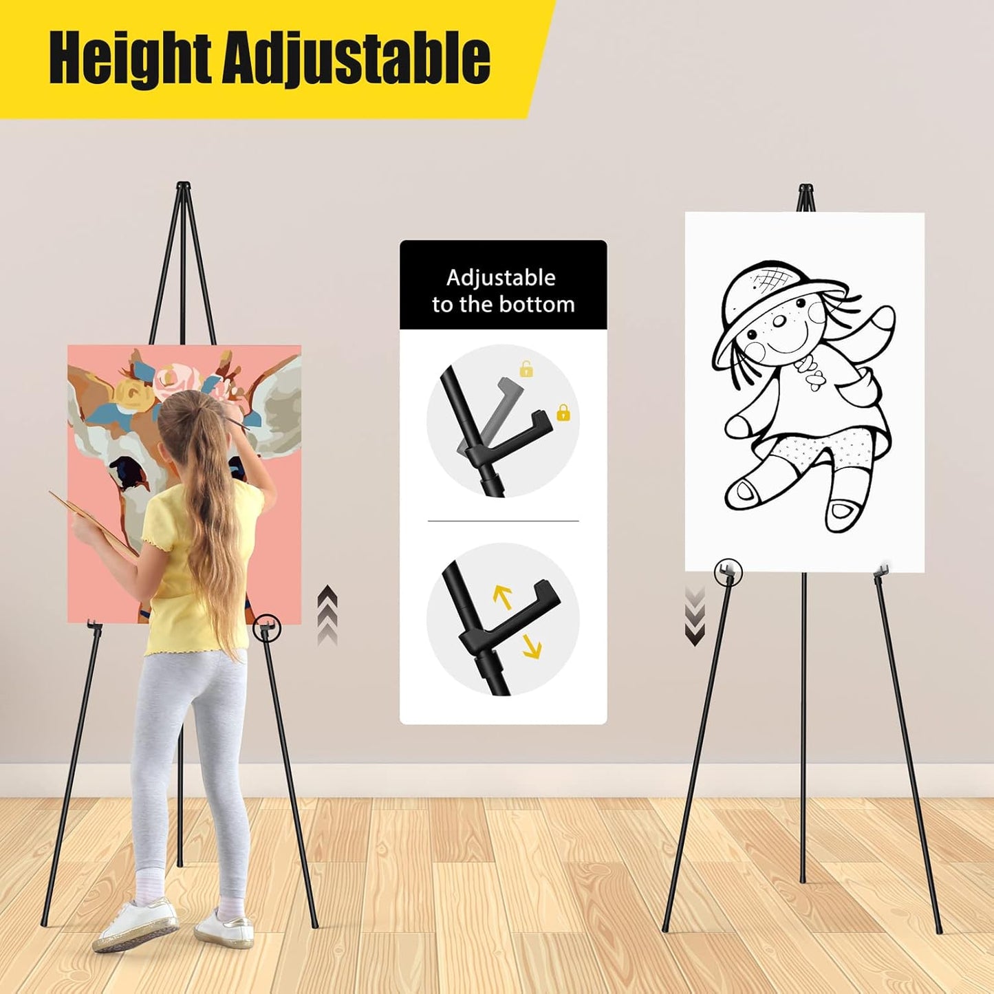 Display Black Easel Stands - 63" Artist Instant Tripod Collapsible Portable Floor Easels - Adjustable Art Poster Easy Folding Metal Stand for Display Show, Wedding, Painting - 2pack